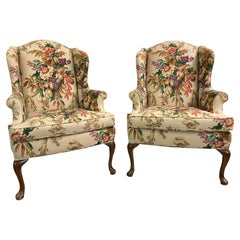Floral Upholstered Wingback Chairs, a Pair