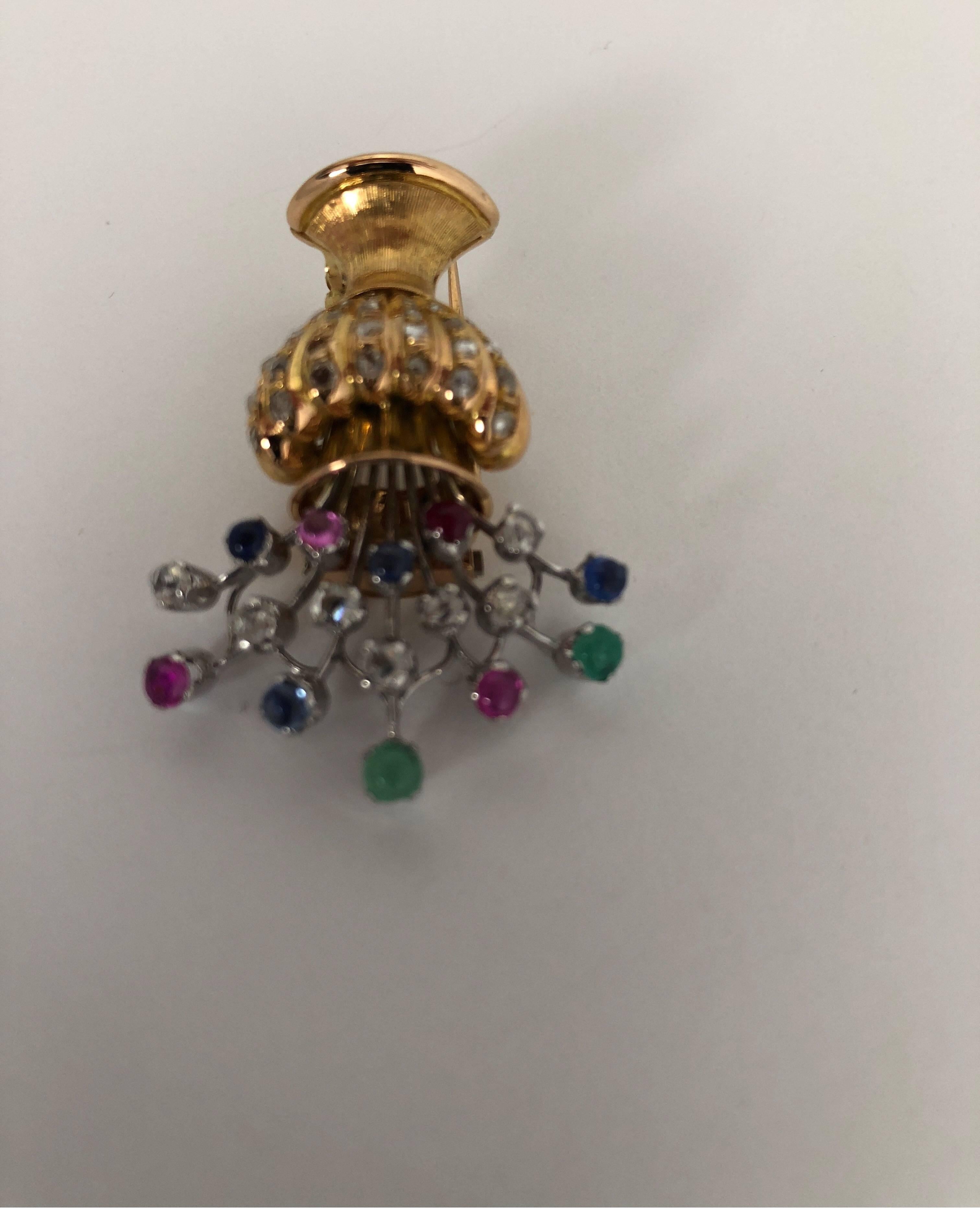 Art Deco Floral Vase Brooch in Yellow Gold and Gemstones For Sale