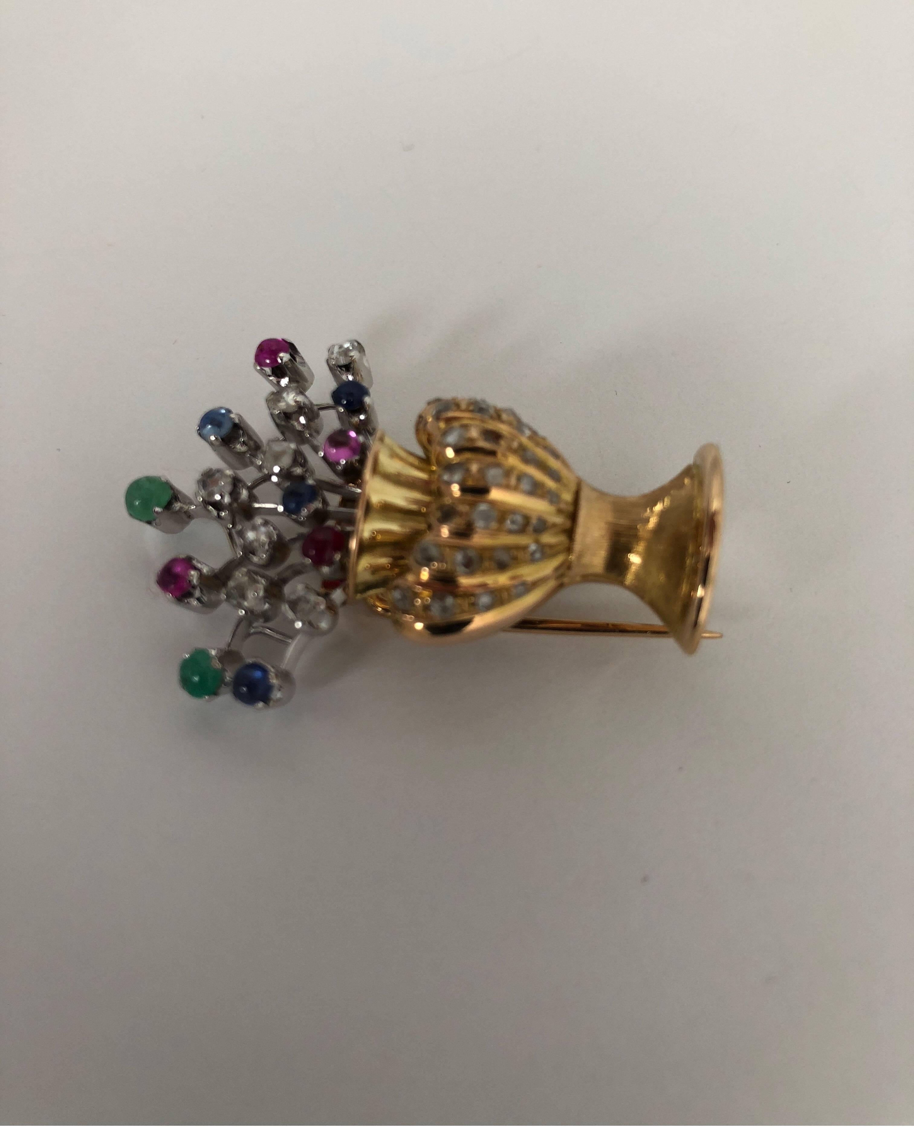 Brilliant Cut Floral Vase Brooch in Yellow Gold and Gemstones For Sale