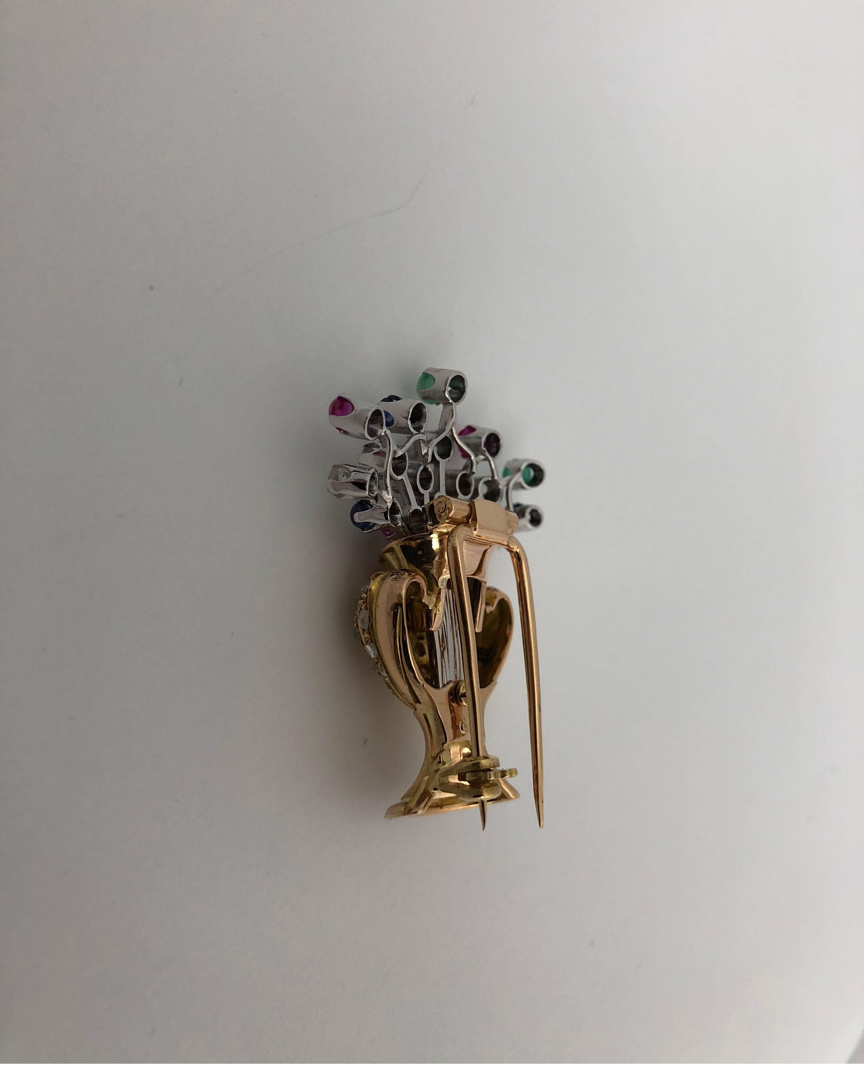 Women's Floral Vase Brooch in Yellow Gold and Gemstones For Sale
