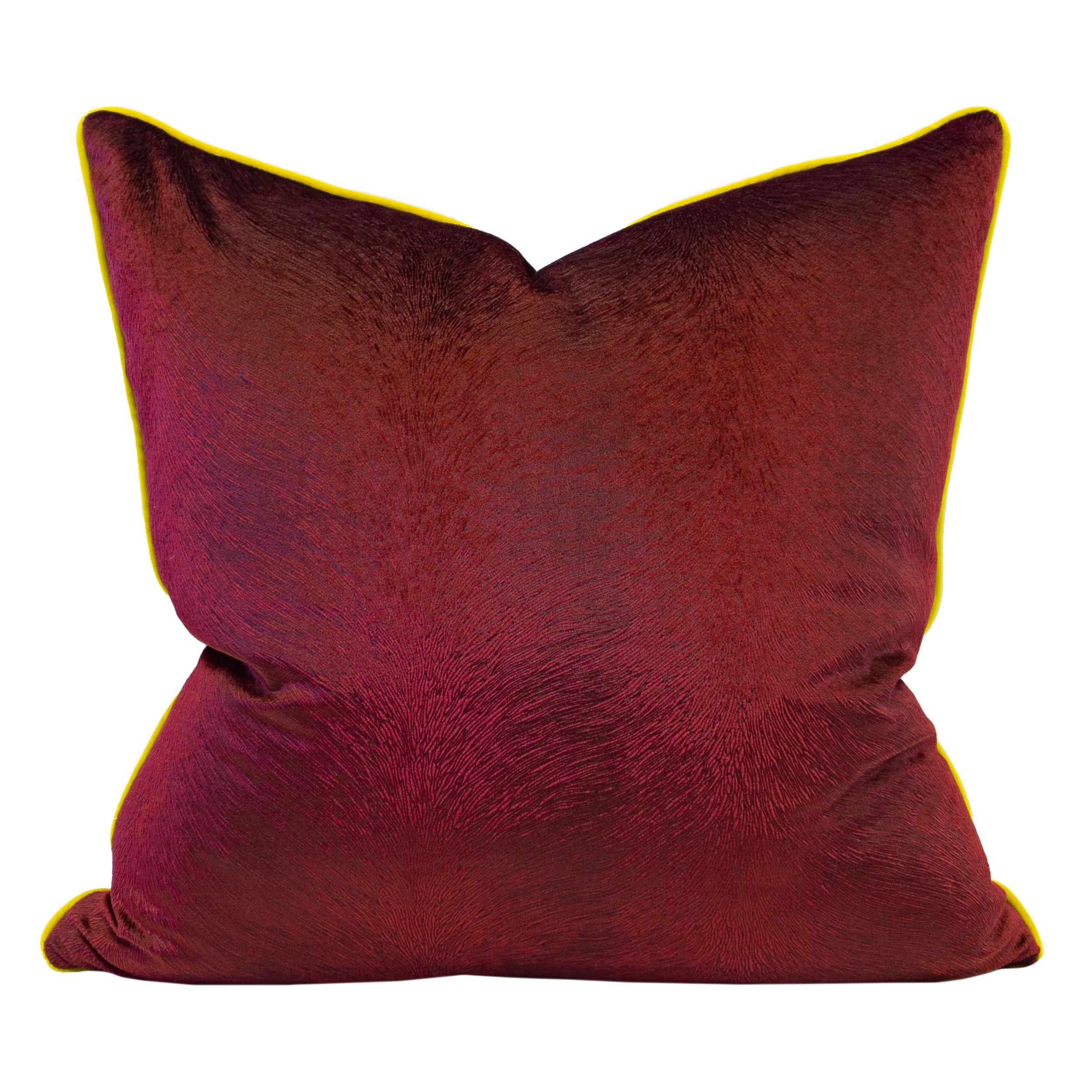 American Floral Velvet Impressed Rose Red Velvet Yellow Trim Square Pillows For Sale