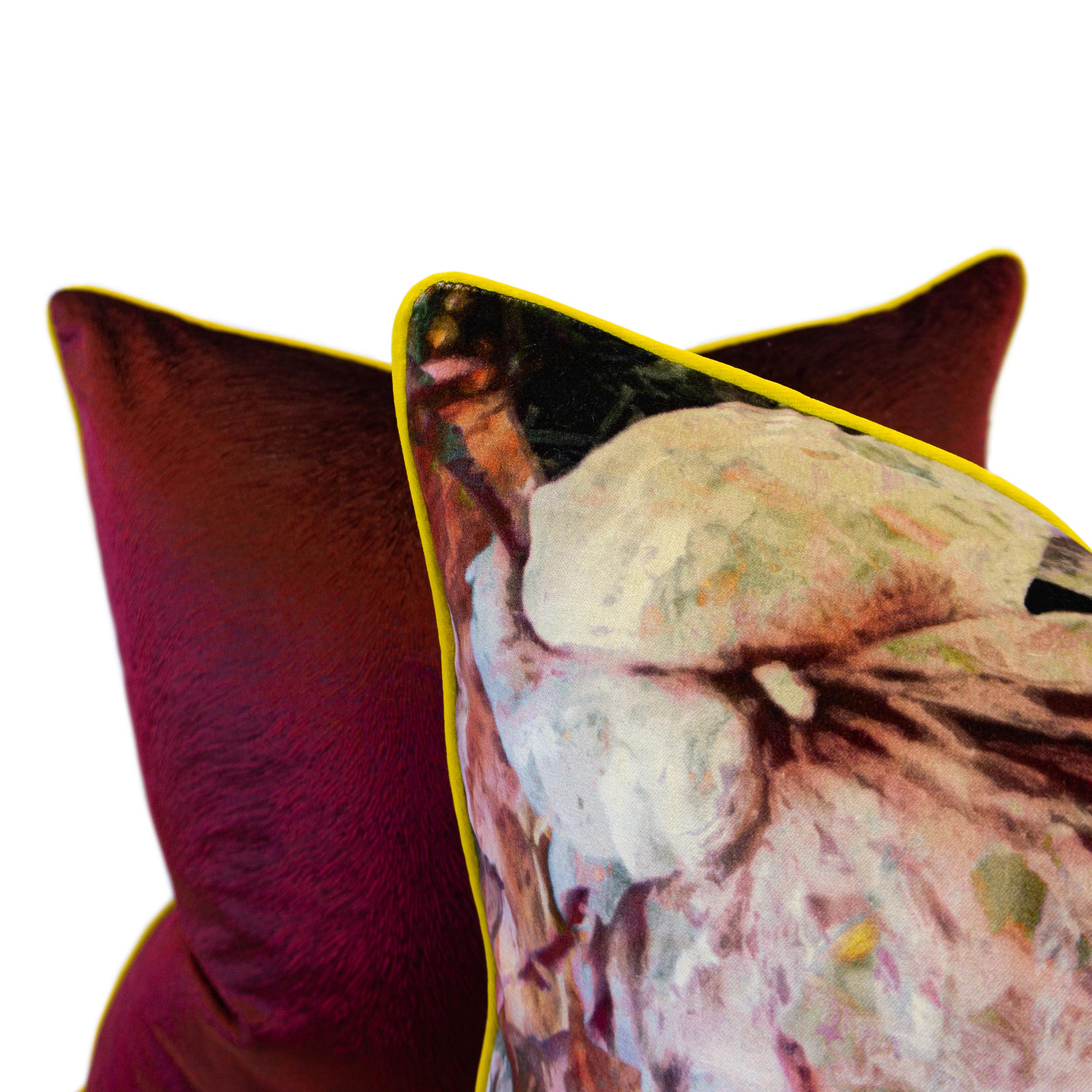 Floral Velvet Impressed Rose Red Velvet Yellow Trim Square Pillows In New Condition For Sale In Greenwich, CT