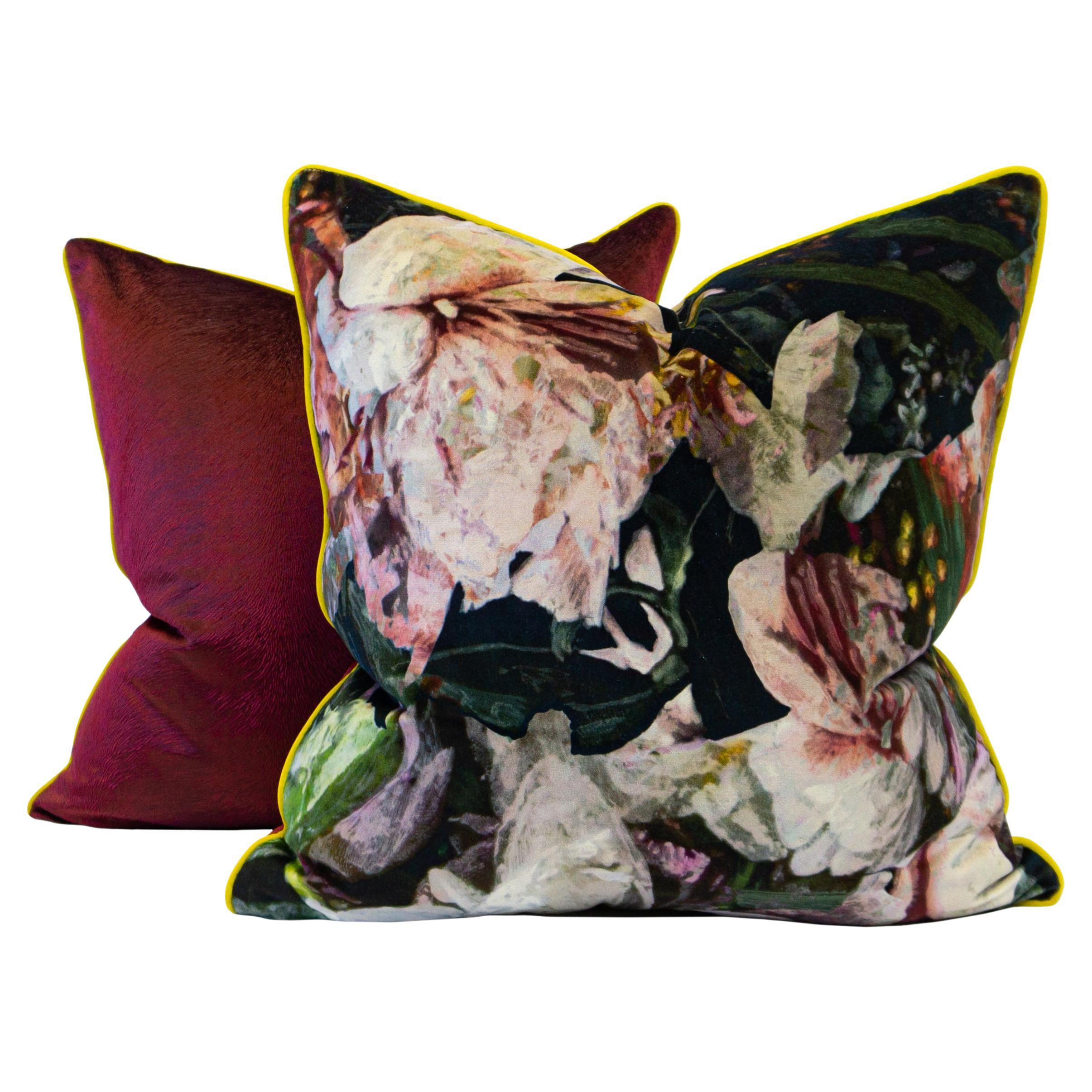 Floral Velvet Impressed Rose Red Velvet Yellow Trim Square Pillows For Sale