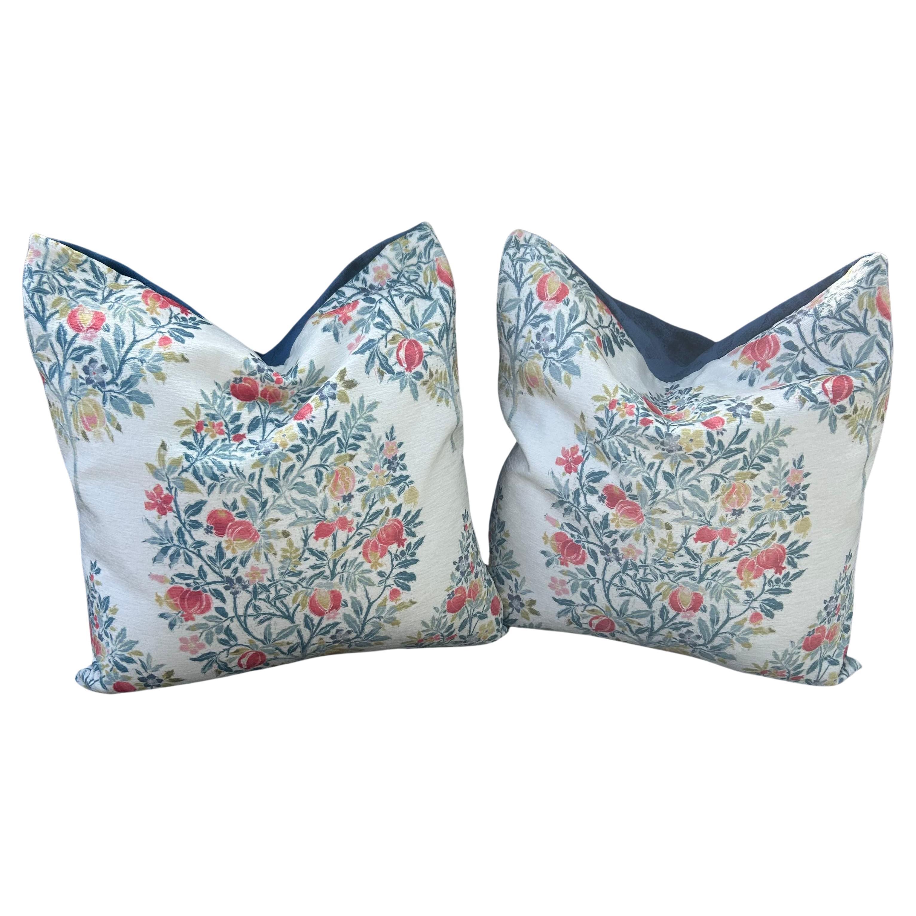 Floral Velvet Pillows in Pink, Blue, and White - a pair For Sale