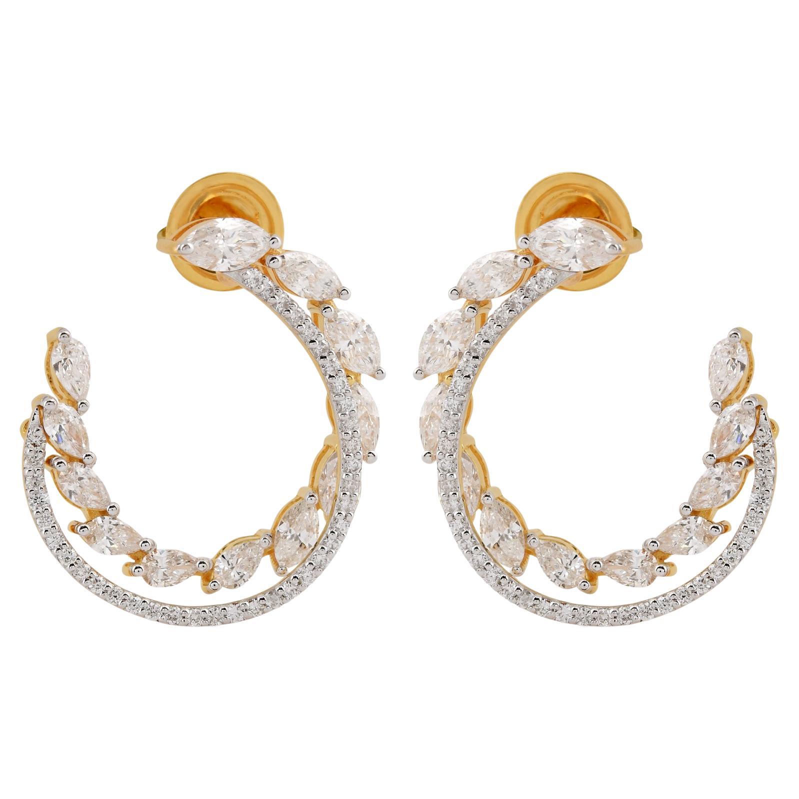 Orecchini a cerchio in oro giallo 14 carati con diamante SI/H di 2,8 carati ispirati alla vite floreale