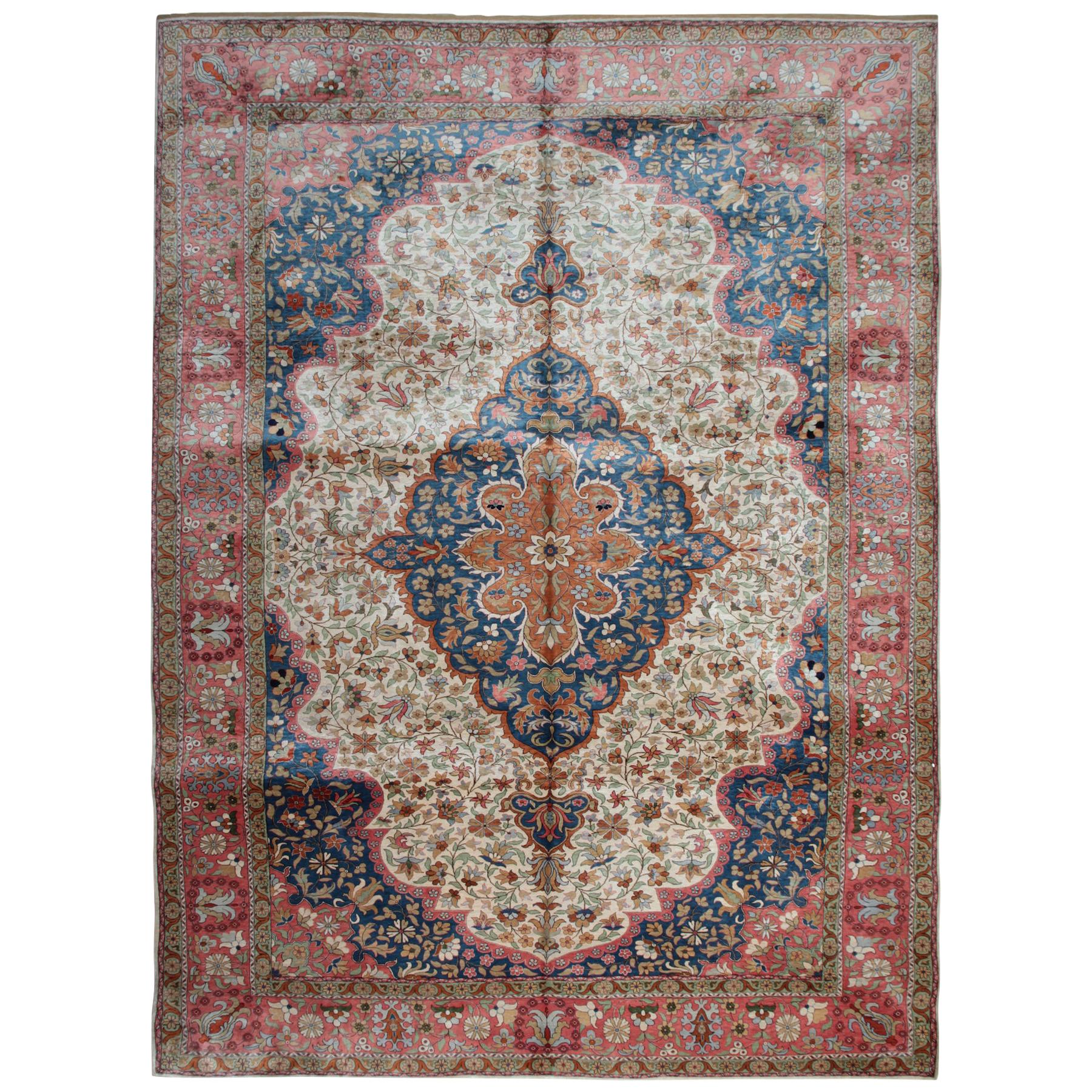 Fine Vintage Silk Rugs, Cream Hereke Turkish Rug, Pure Living Room Oriental Rugs For Sale