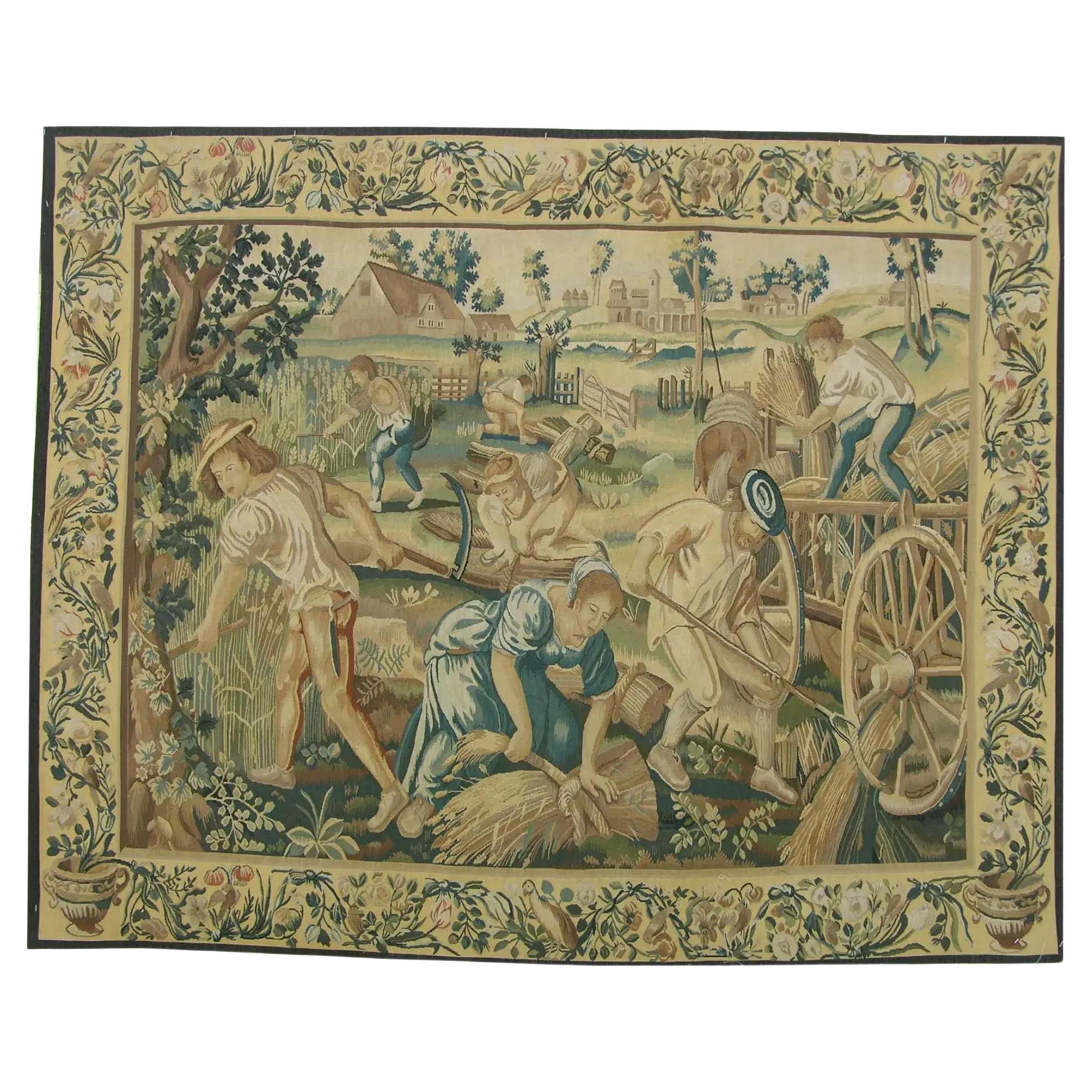 Floral Vintage Tapestry in Blue & Tan 11.9X9.3 For Sale