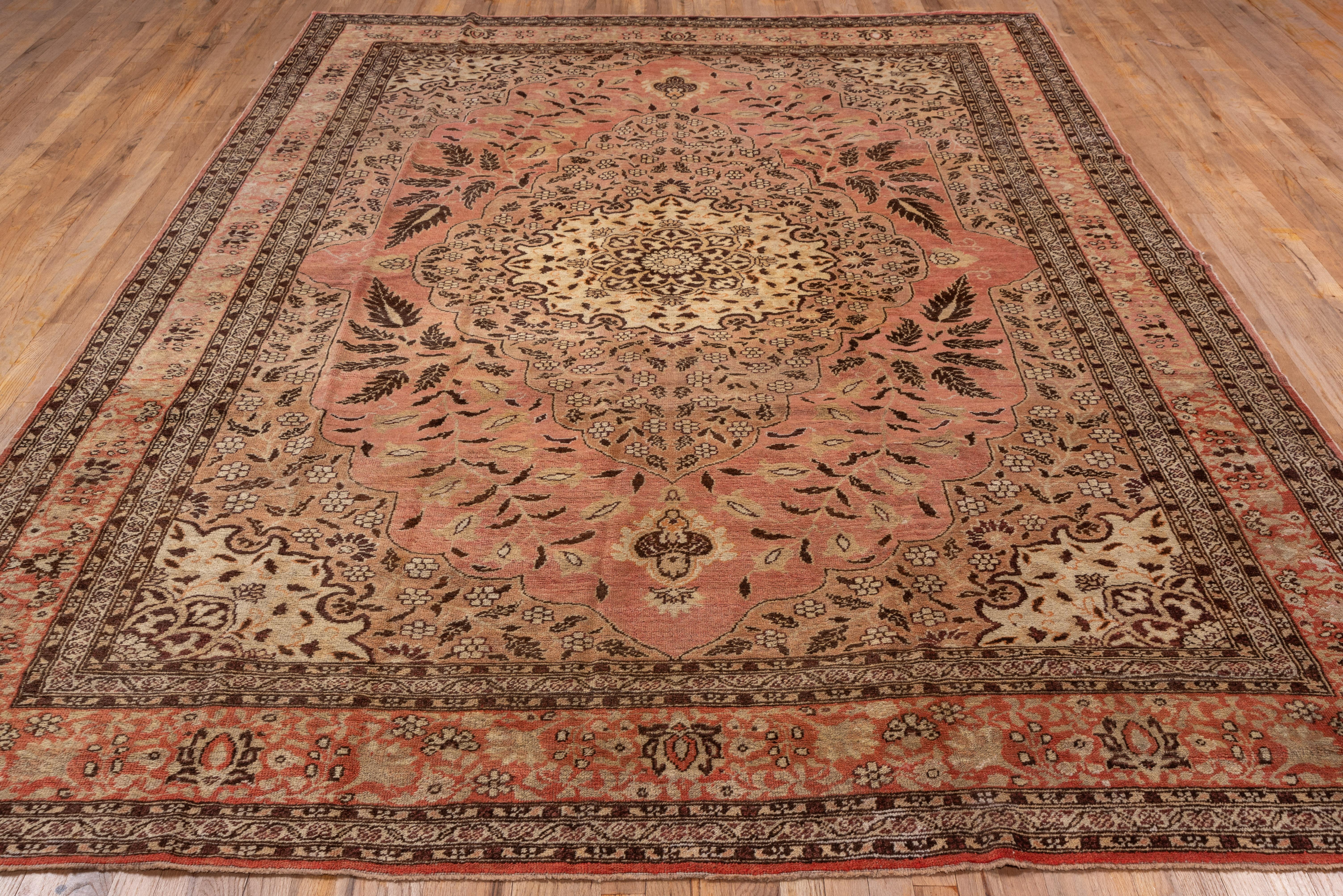 Floral Vintage Turkish Oushak Rug, Pink Field, Central Medallion, circa 1950s In Good Condition For Sale In New York, NY