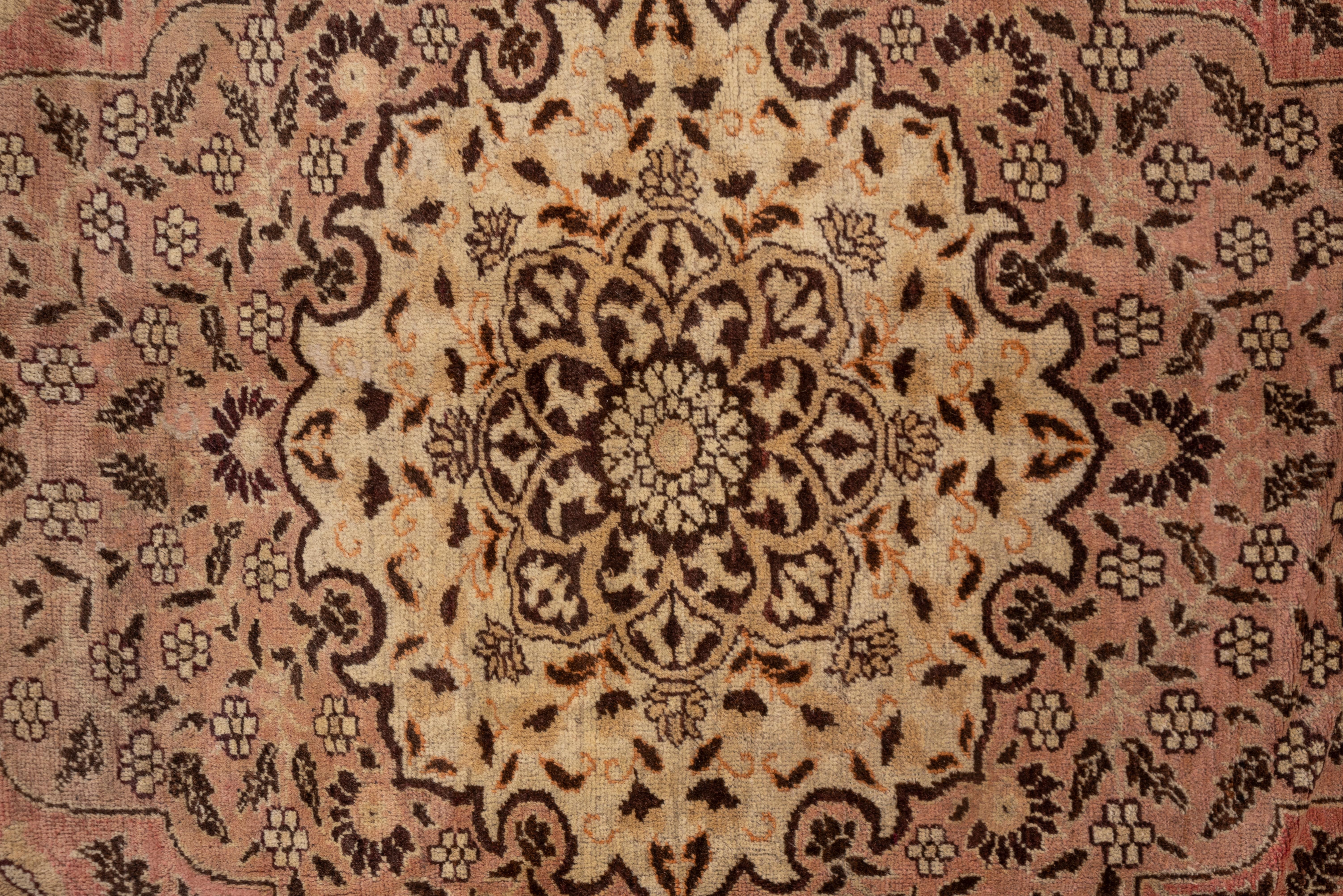 20th Century Floral Vintage Turkish Oushak Rug, Pink Field, Central Medallion, circa 1950s For Sale