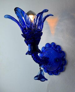Floral Wall Lamp "Palm Tree" in Blue Murano Glass, Midcentury, Italy