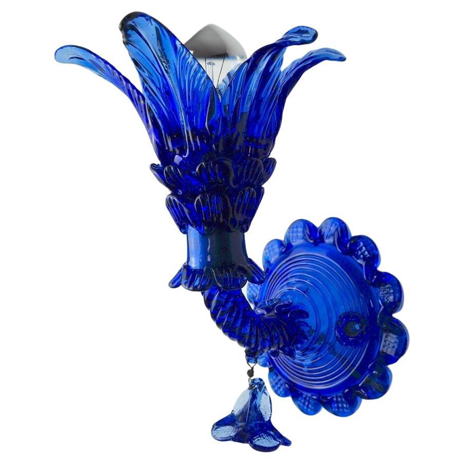 Floral Wall Lamp "Palm Tree" in Blue Murano Glass, Midcentury, Italy For Sale