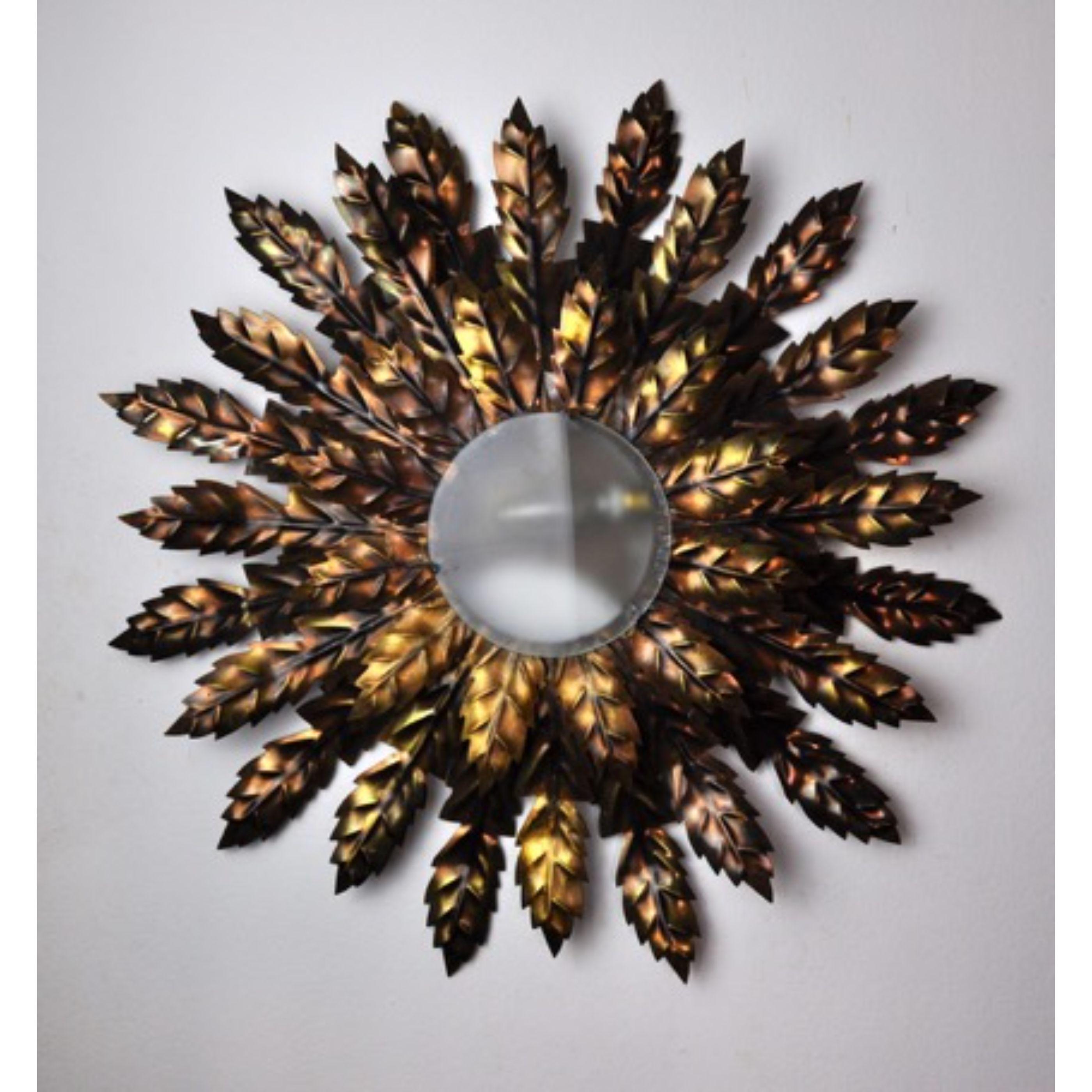 Hollywood Regency Floral Wall Lamp Sun, Golden Metal, Italy, 1970 For Sale