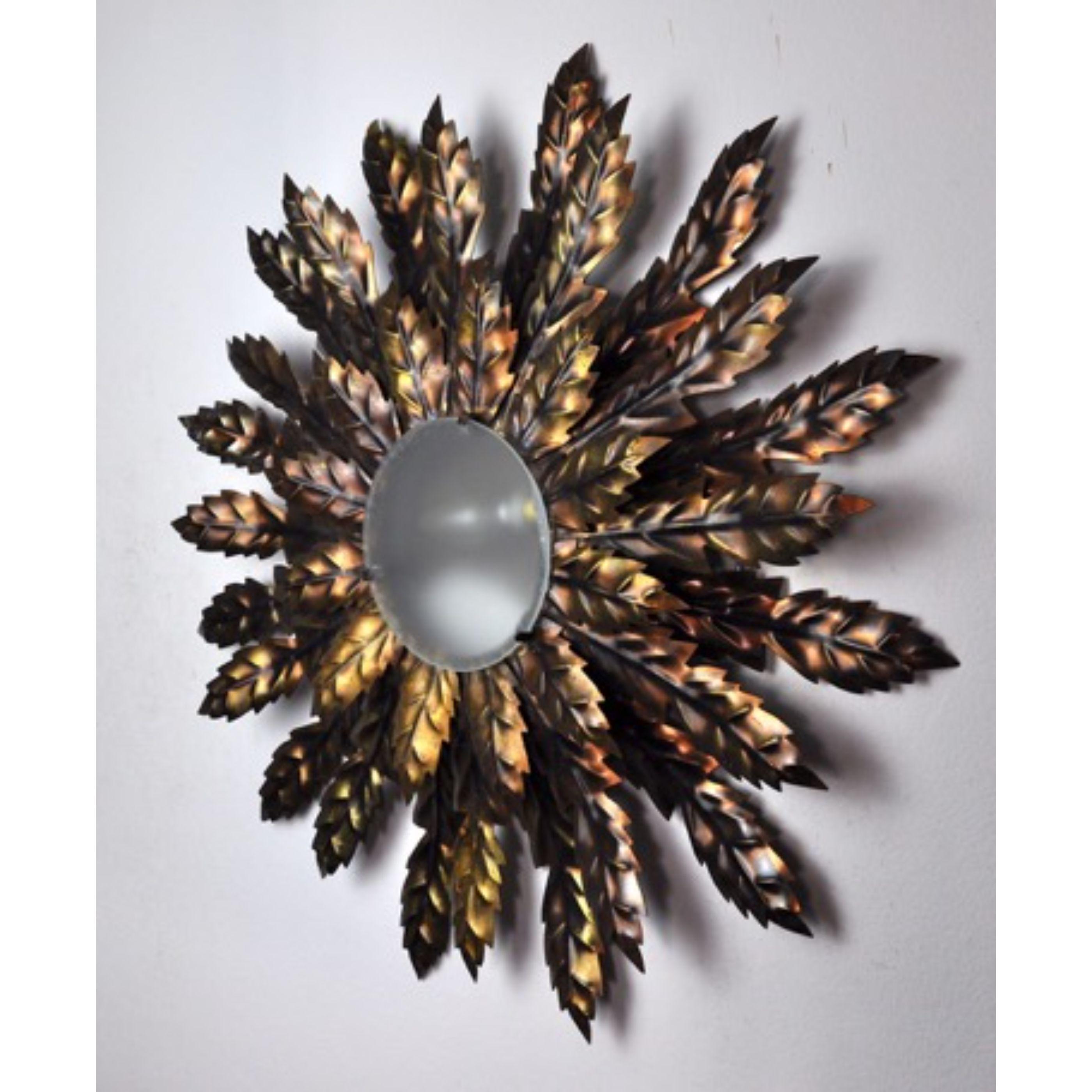Italian Floral Wall Lamp Sun, Golden Metal, Italy, 1970 For Sale
