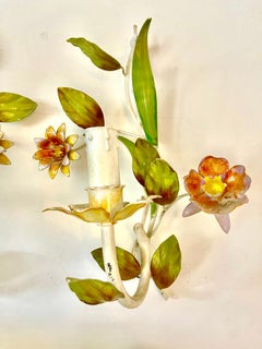 Floral wall light Bright Boho Bianci Glamour Tole hand paint Metal , Italy 1960s