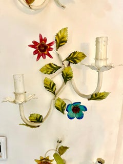 Floral wall light Bright Bianci Glamour Tole hand paint Metal , Italy 1960s
