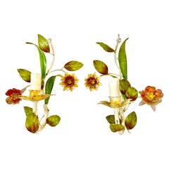 Floral wall light Bright Boho Bianci Glamour Tole hand paint Metal , Italy 1960s