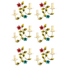Floral wall light Bright Bianci Glamour Tole hand paint Metal , Italy 1960s