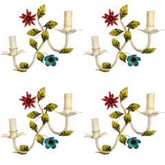 Floral wall light Bianci Bright Boho Glamour Tole hand paint Metal , Italy 1960s