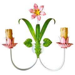 Floral wall light Bright Tole hand paint Metal, Italy 1960s