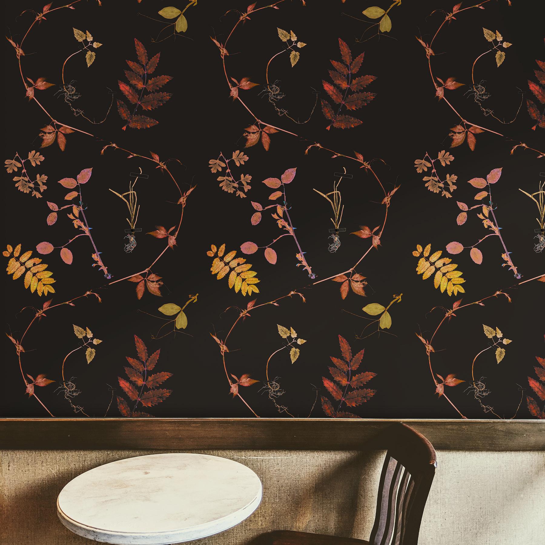 Bohemian Floral Wallpaper Copper on Black background: Dutch Garden For Sale