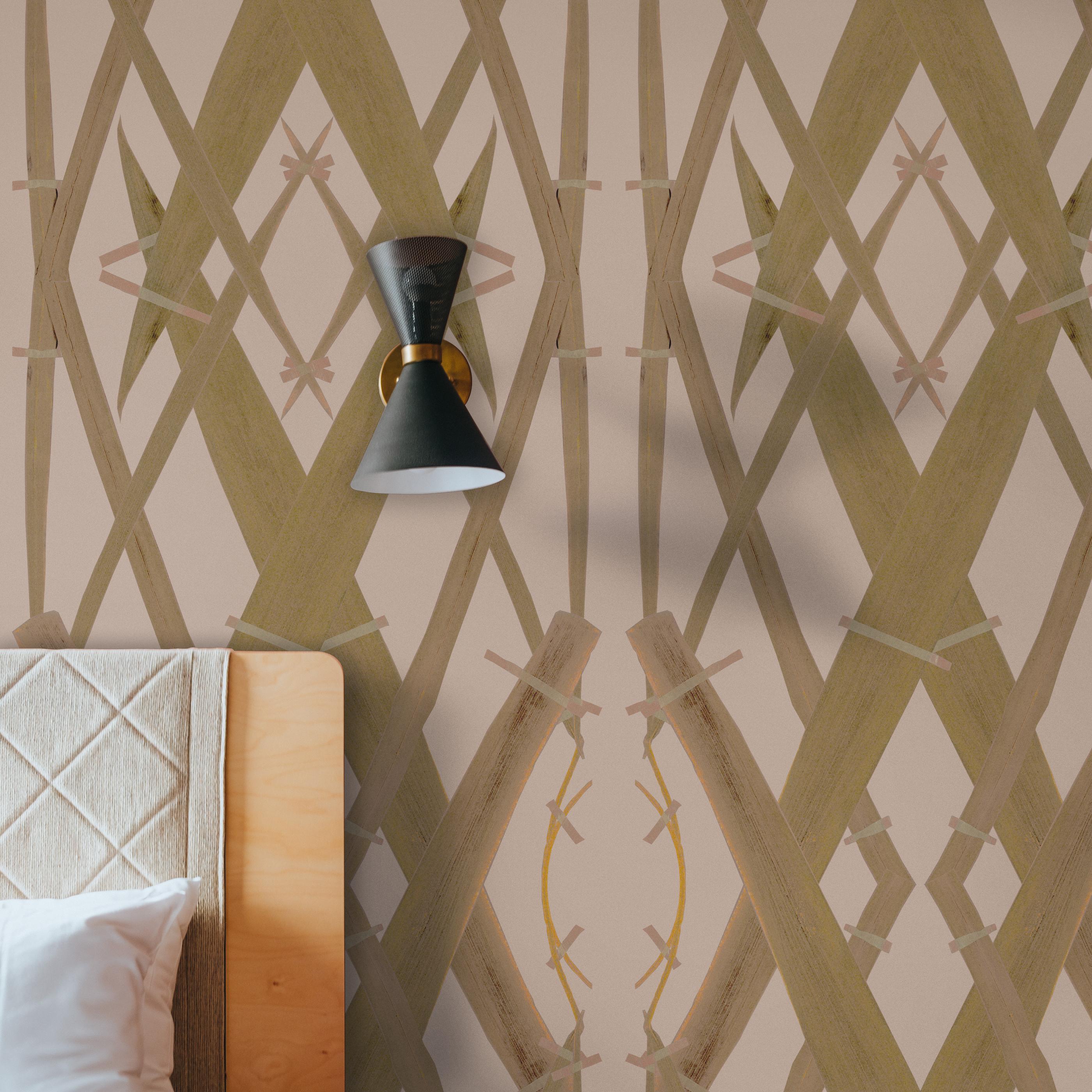Art Deco Floral Wallpaper Ochre on Pink background: Meadow Grass Pink For Sale
