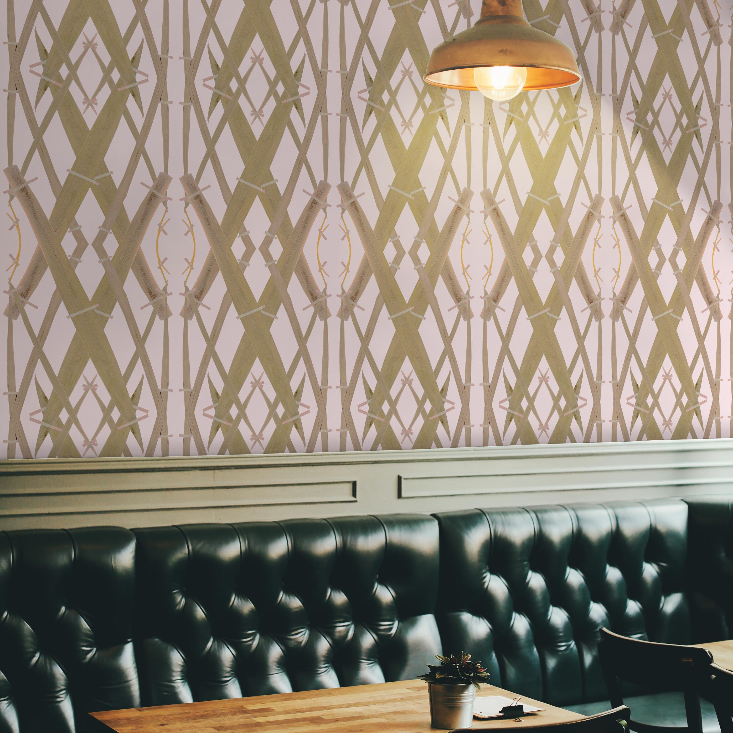 British Floral Wallpaper Ochre on Pink background: Meadow Grass Pink For Sale