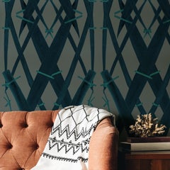 Floral Wallpaper Teal on Sage Green background: Meadow Grass Verdigris
