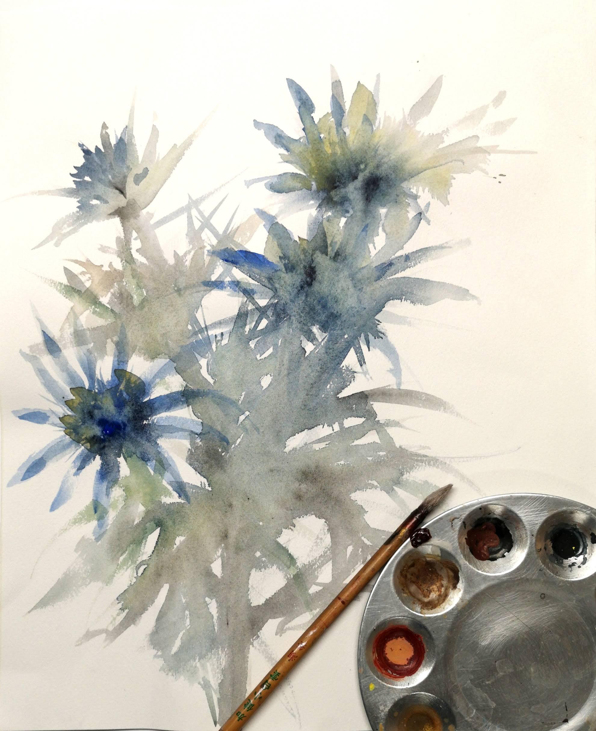 Hand-Crafted Floral Watercolor Painting For Sale