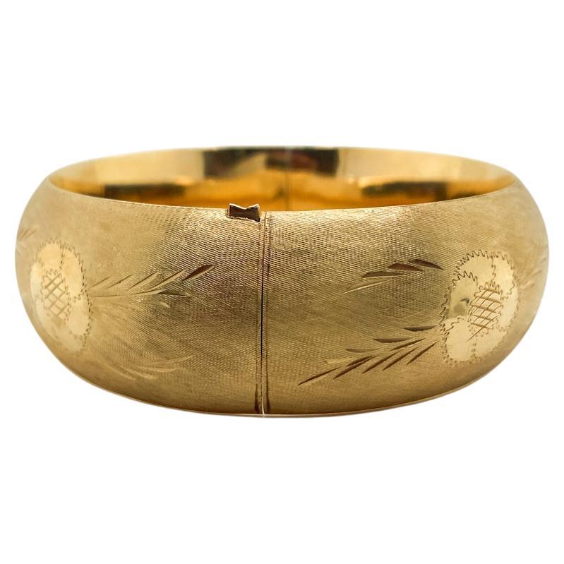 Floral Wide Bangle Bracelet Engraved Florentine Texture 14K Yellow Gold For Sale