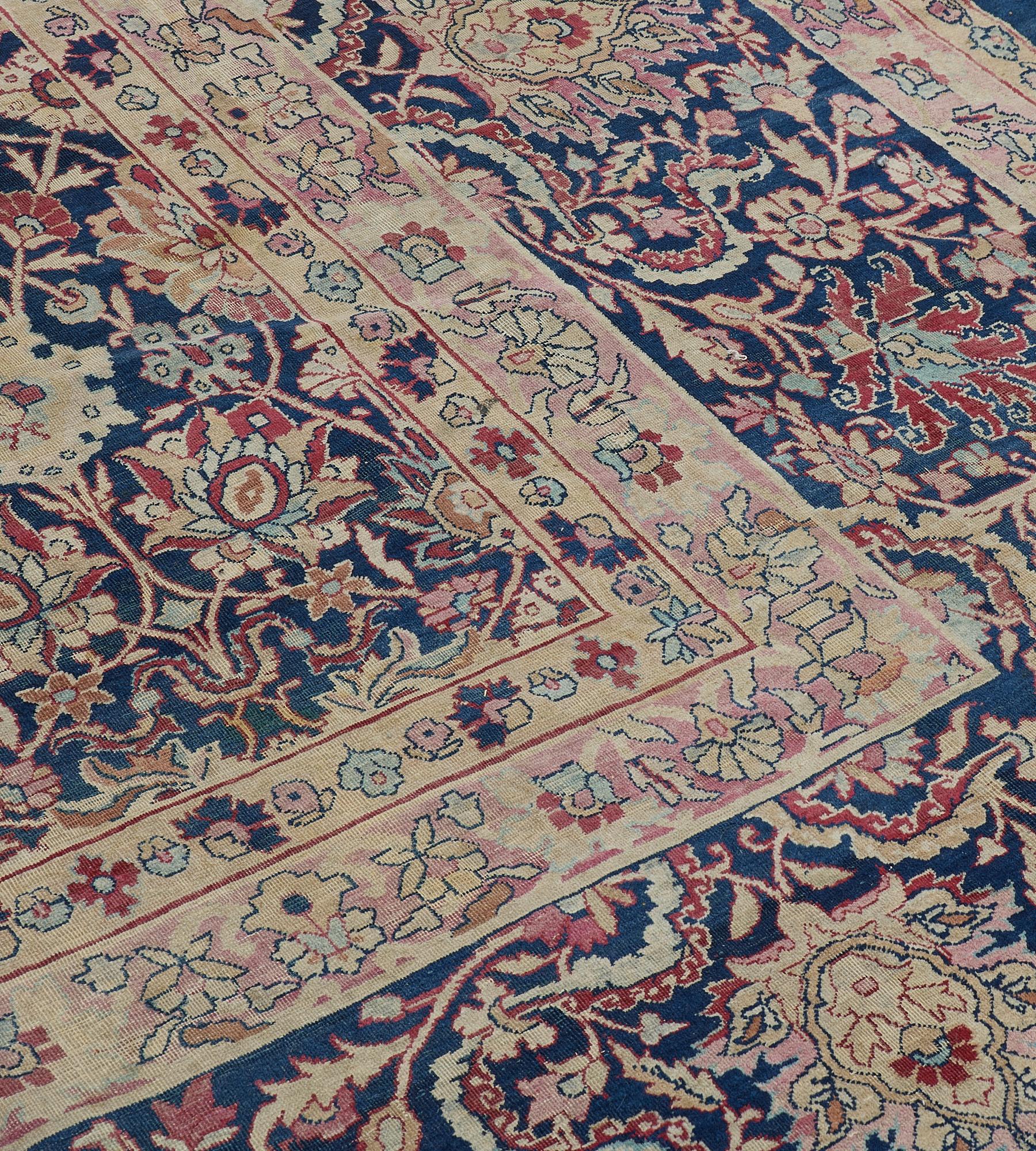 Hand-Knotted Floral Wool Hand-Woven Persian Kerman Rug For Sale