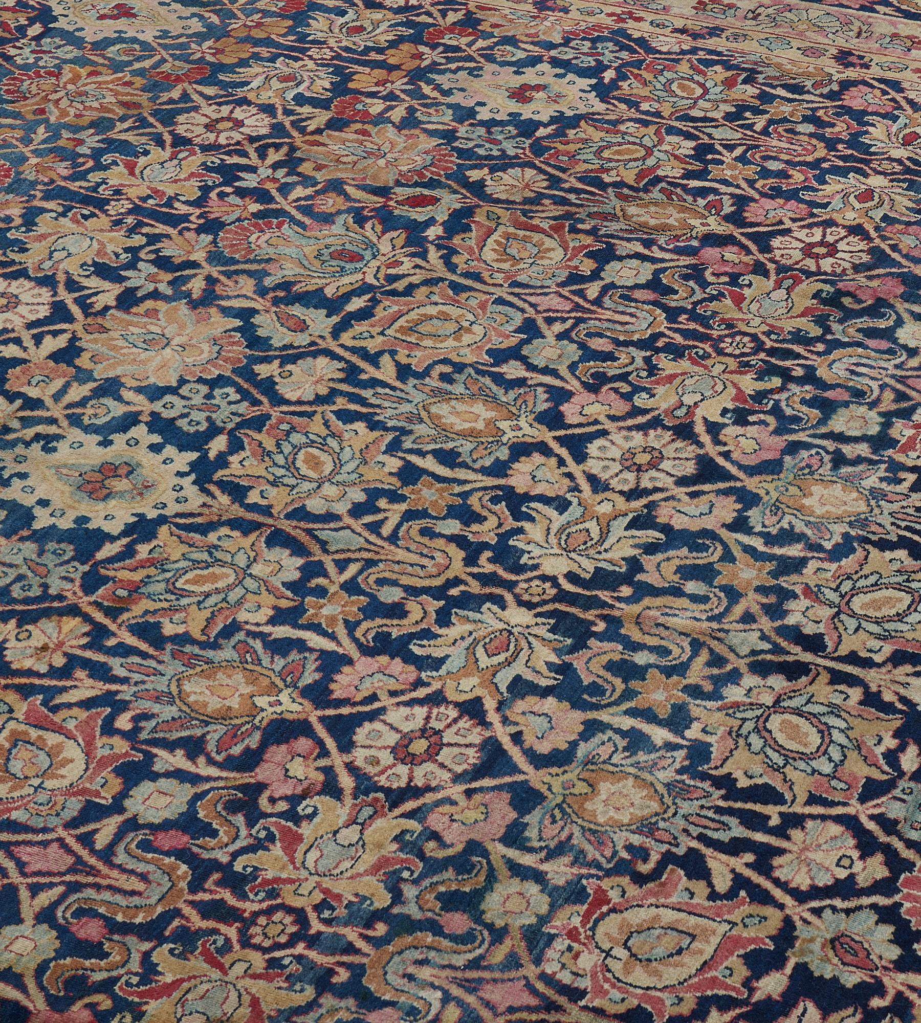 19th Century Floral Wool Hand-Woven Persian Kerman Rug For Sale