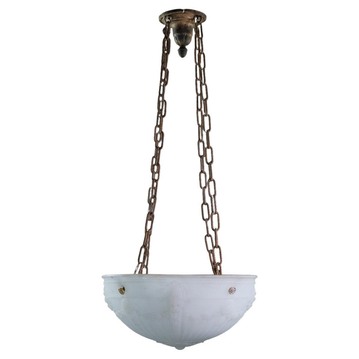 Rare 1910s Pendant Light w/ Fluted Milk Glass Globe Brass Hardware and