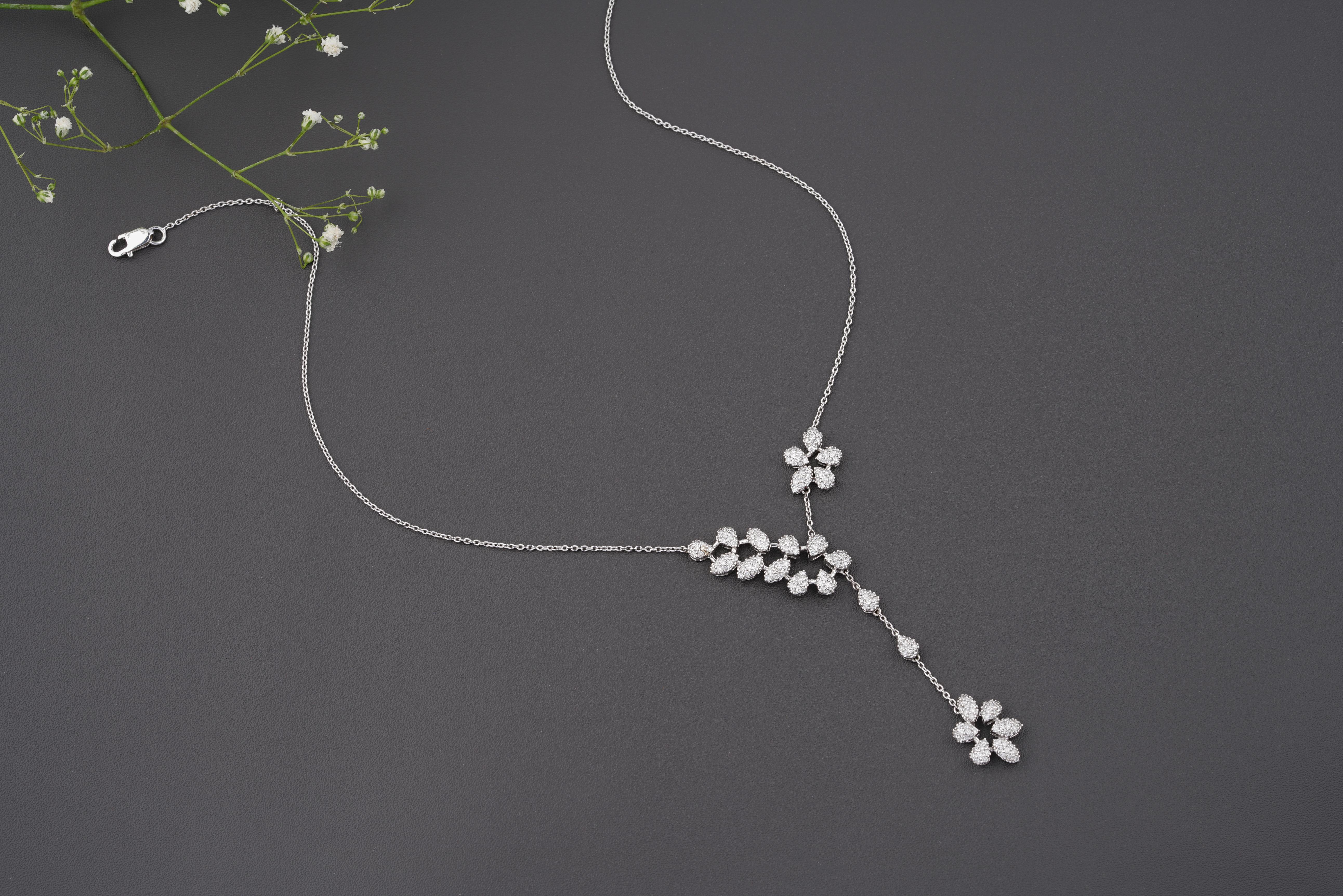 Collana con diamanti floreali a Y in oro massiccio 14K (certificato) in vendita 2