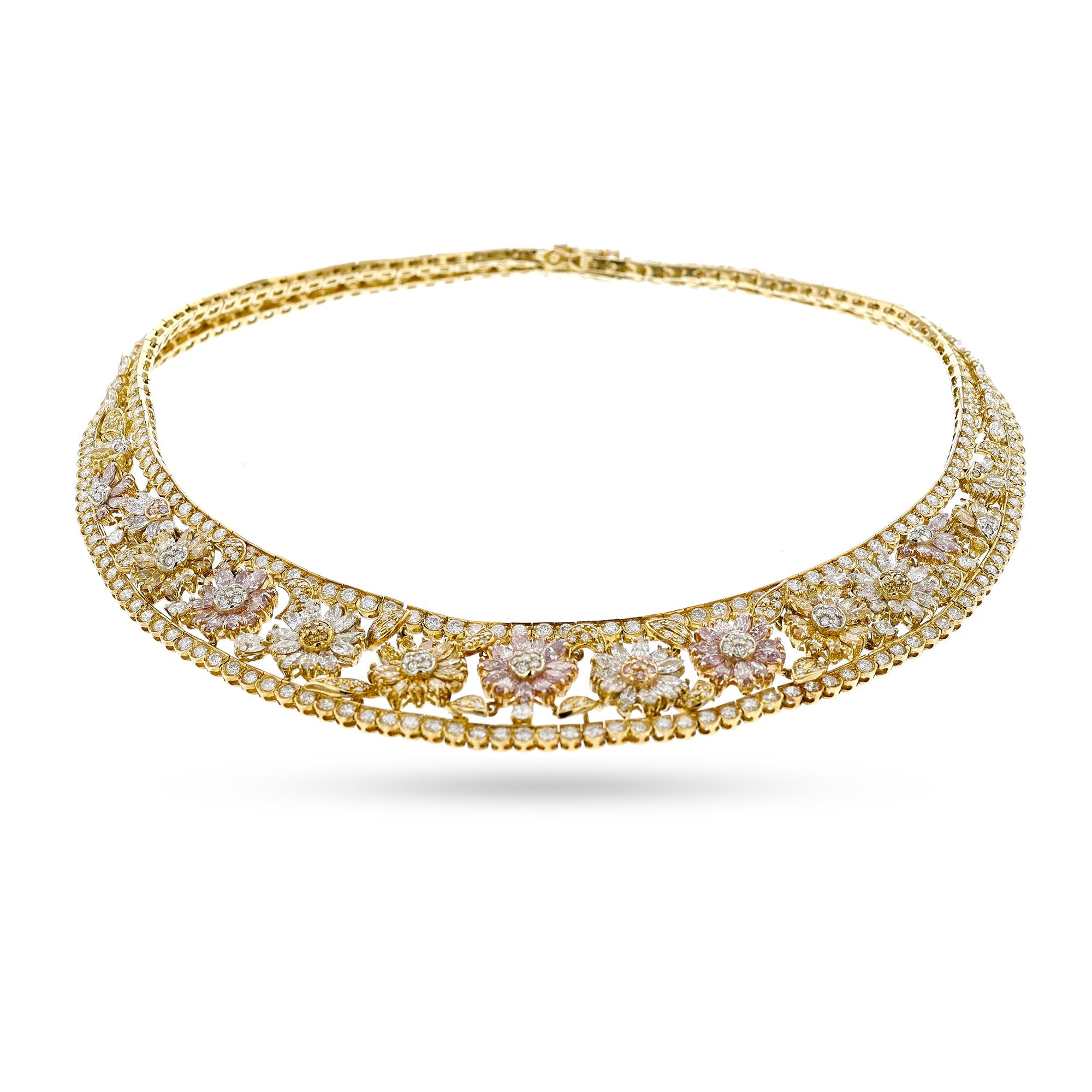 This beautiful and exquisite necklace is designed with a floral pattern set with natural fancy-color round and pear-shaped GIA-certified* pink, yellow, and white diamonds that are set in 18k yellow gold. The floral design is further encased in a row