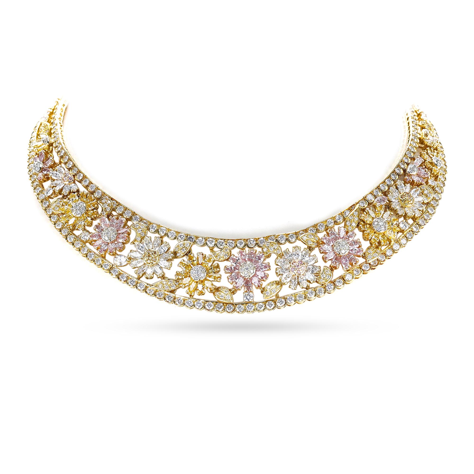 GIA Certified Pink, Yellow, and White Diamond Necklace, 18k For Sale 1