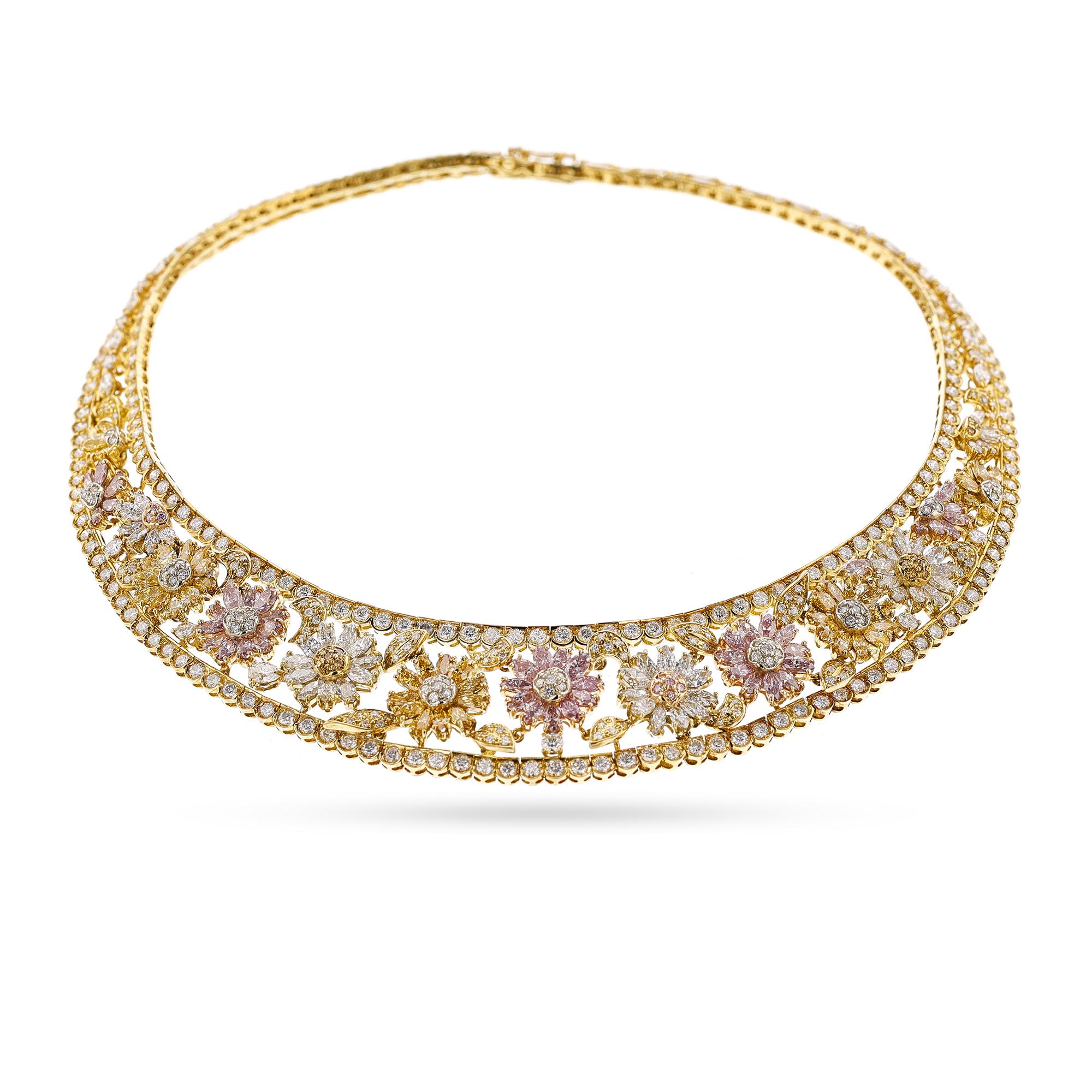 GIA Certified Pink, Yellow, and White Diamond Necklace, 18k For Sale 2