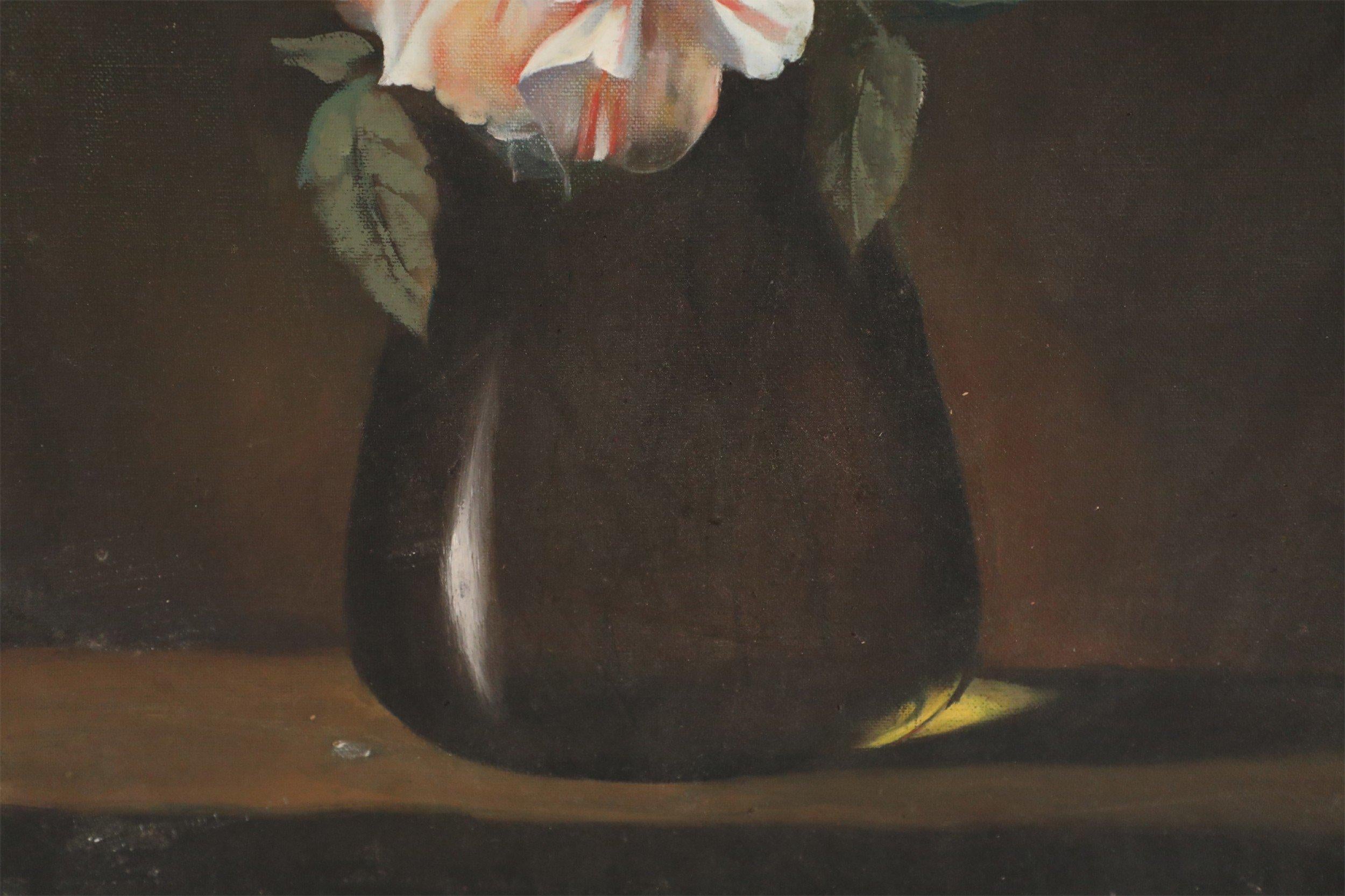 Vintage (20th Century) still life oil painting of softly rendered irises, peonies and other florals, gathered in a vase on a table, emerging from a darkened background, painted on rectangular, unframed canvas.
 
