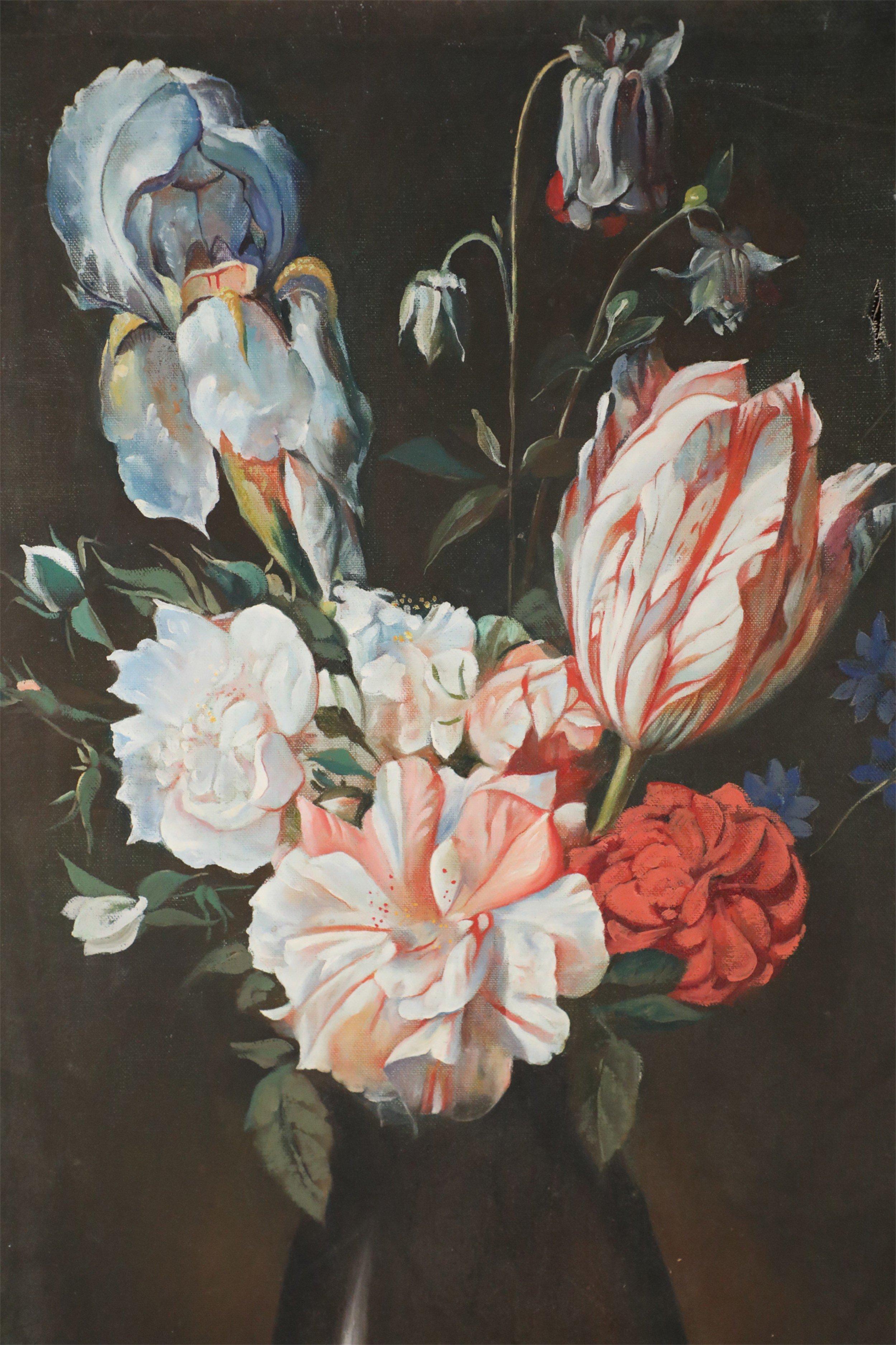 20th Century Florals in Vase Still Life Oil Painting on Canvas For Sale