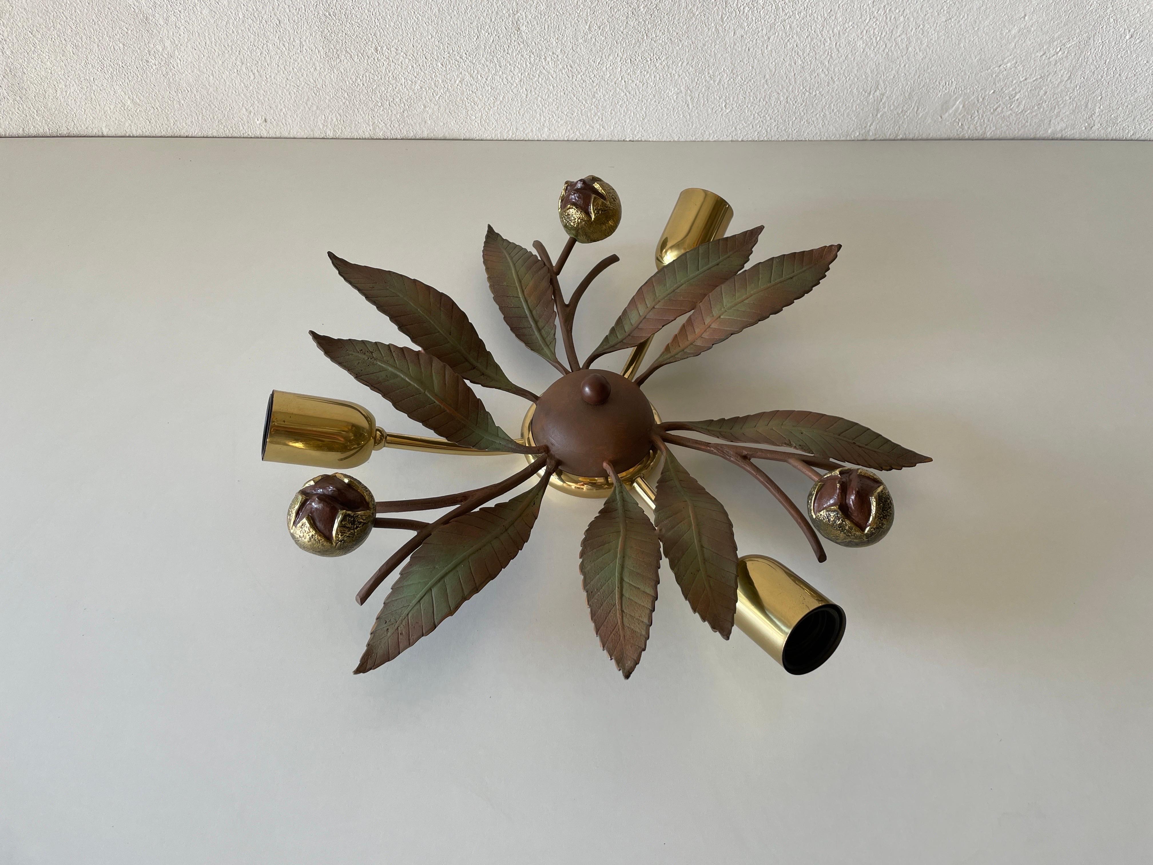 3-armed Florantine design Brass and Iron Flush Mount by Arte Firenze, 1960s, Italy

Sculptural very elegant rare heavy ceiling lamp. 

It is very ideal and suitable for all living areas.

Lamp is in good condition. No damage, no crack.
Wear