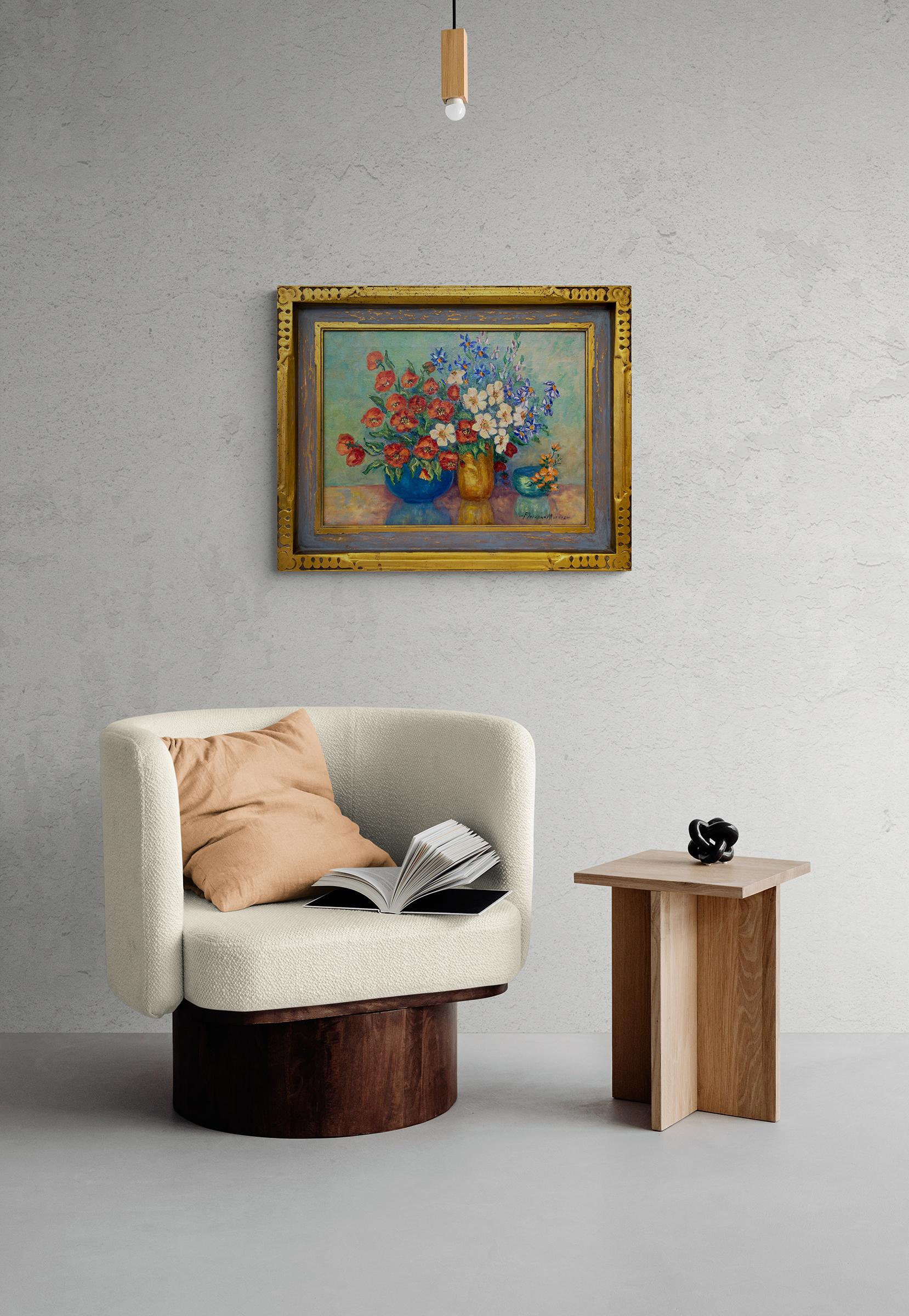 Still Life Painting with Poppies and Wildflowers in Red, White, Blue and Orange 5