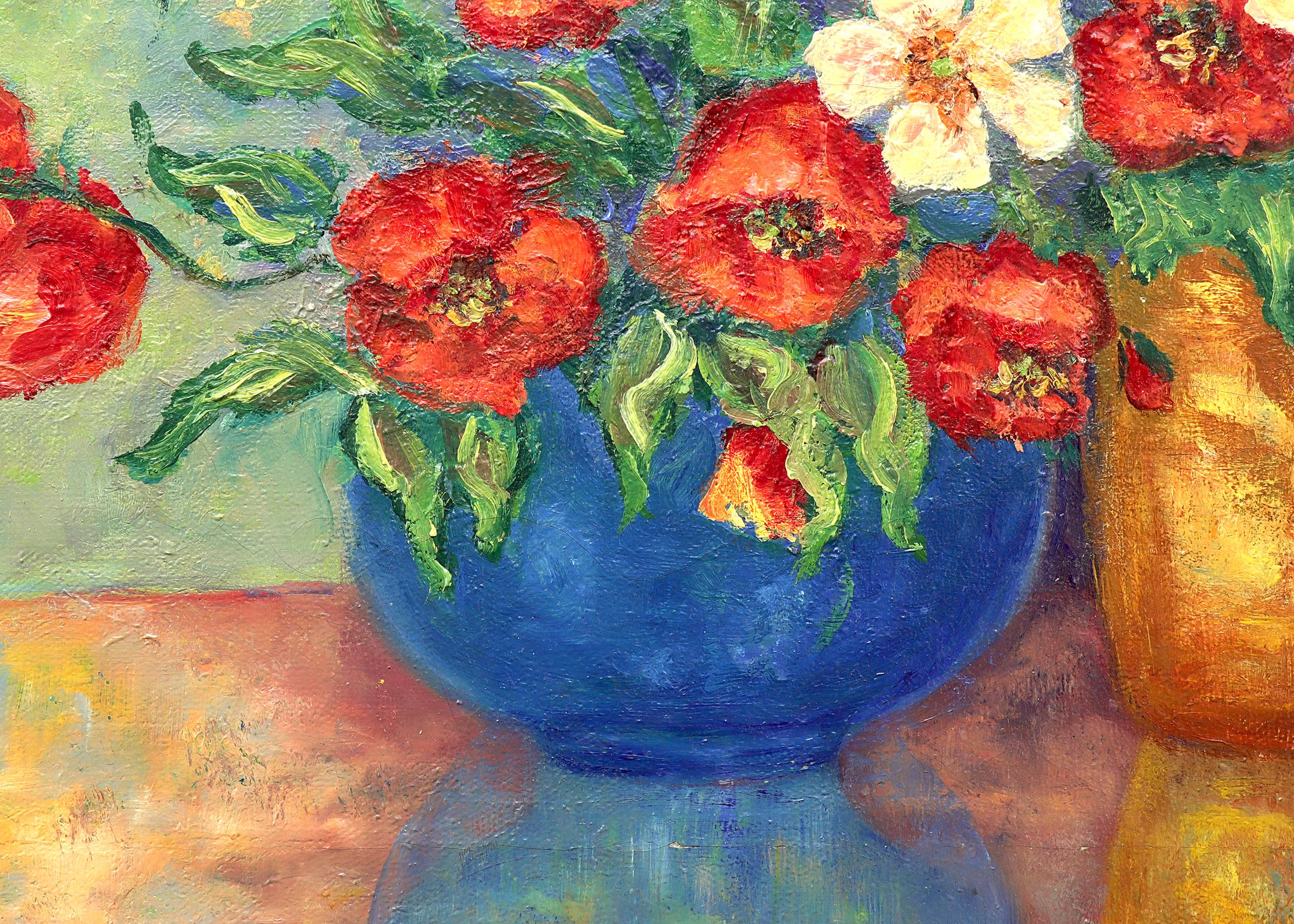 Still Life Painting with Poppies and Wildflowers in Red, White, Blue and Orange 1
