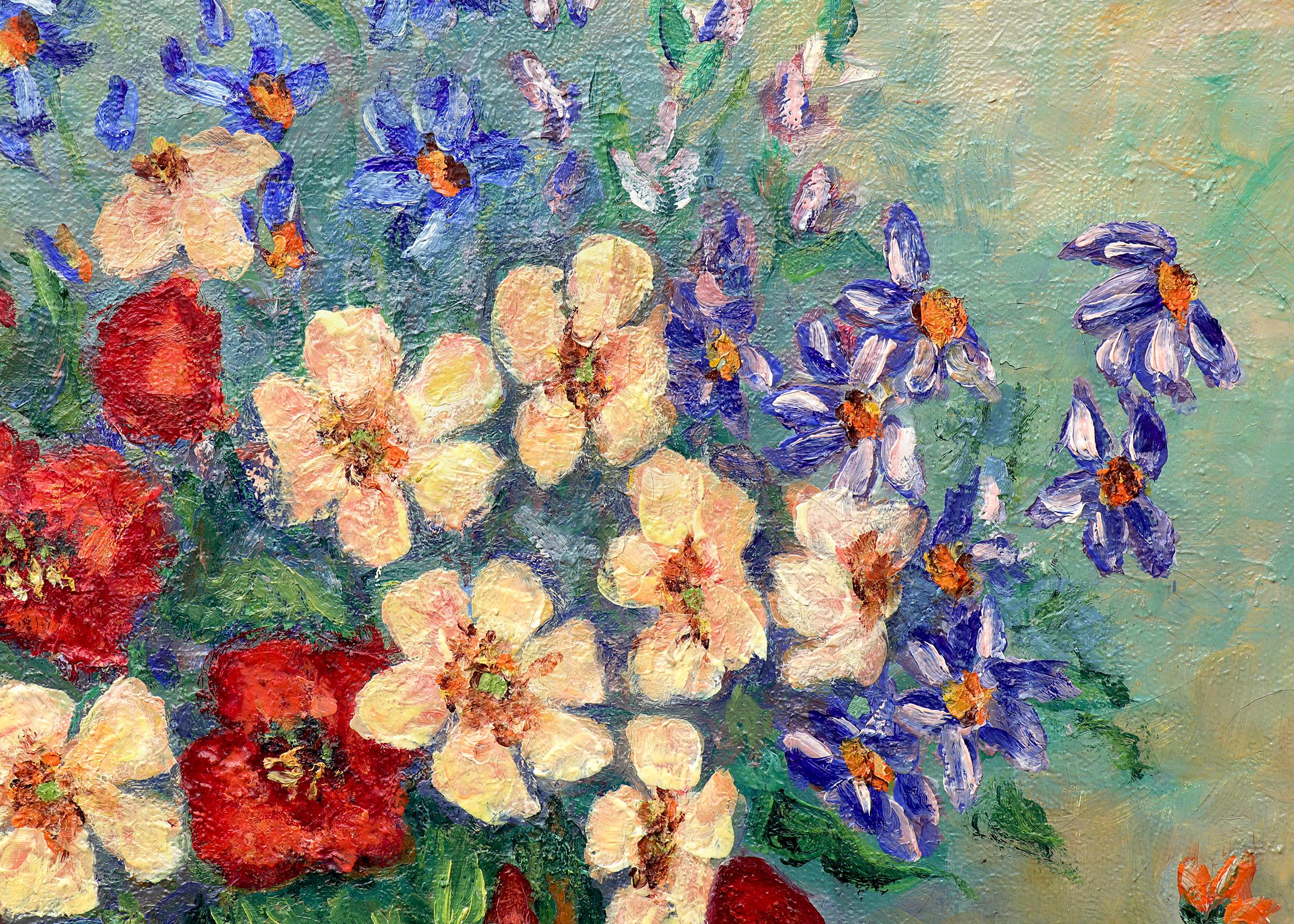 Still Life Painting with Poppies and Wildflowers in Red, White, Blue and Orange 2