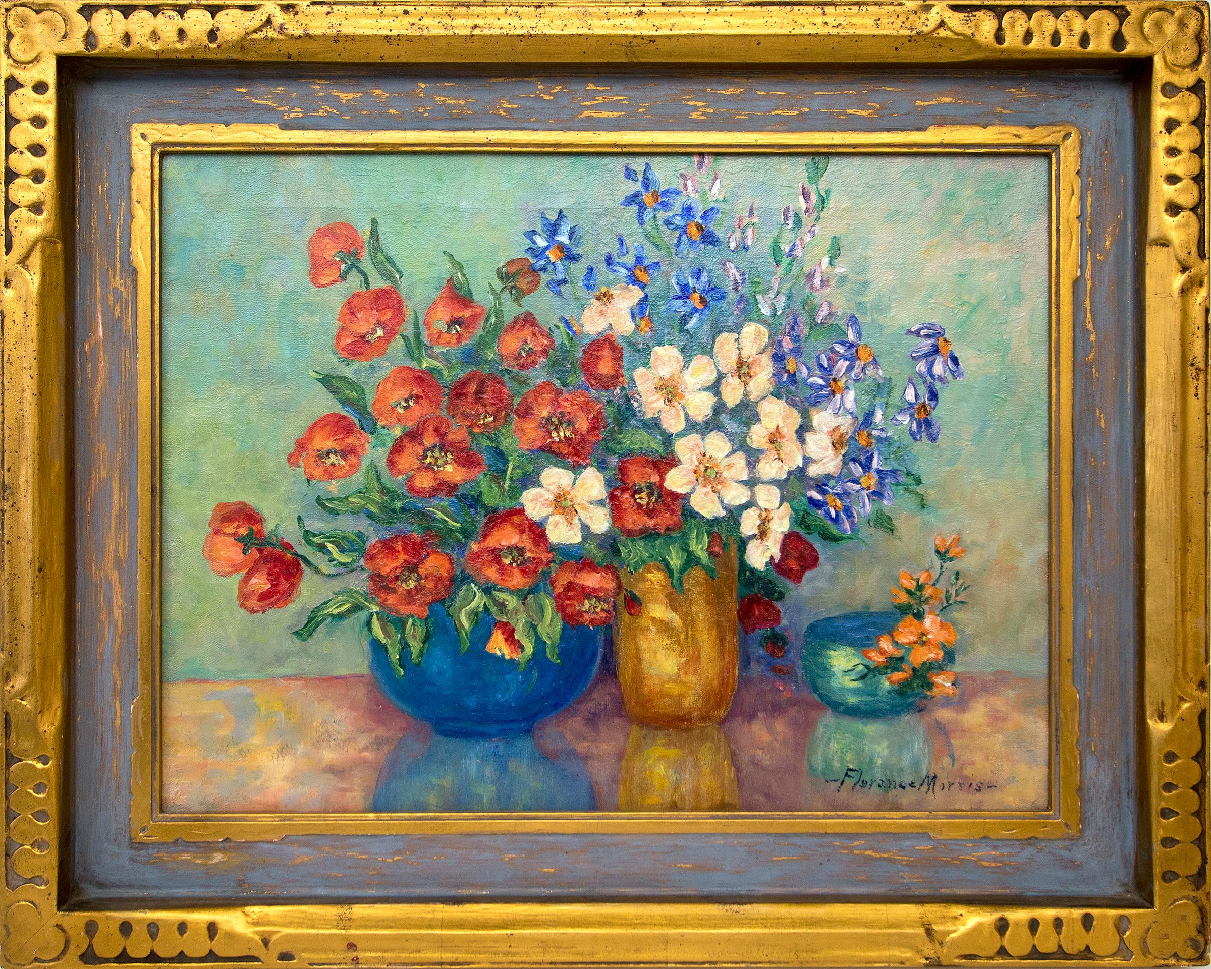 Florence Ann Morris Abstract Painting - Still Life Painting with Poppies and Wildflowers in Red, White, Blue and Orange