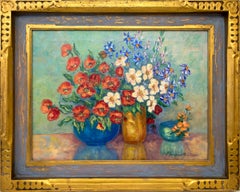 Still Life Painting with Poppies and Wildflowers in Red, White, Blue and Orange