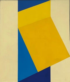 Florence Arnold - Huile sur toile à bord rigide bleue et jaune