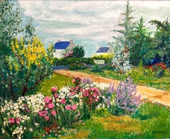 "Scène de village avec maisons et cour" Peinture à l'huile impressionniste de paysage