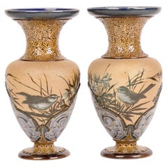 Florence Barlow Doulton Lambeth Pair Bird Decorated Vases