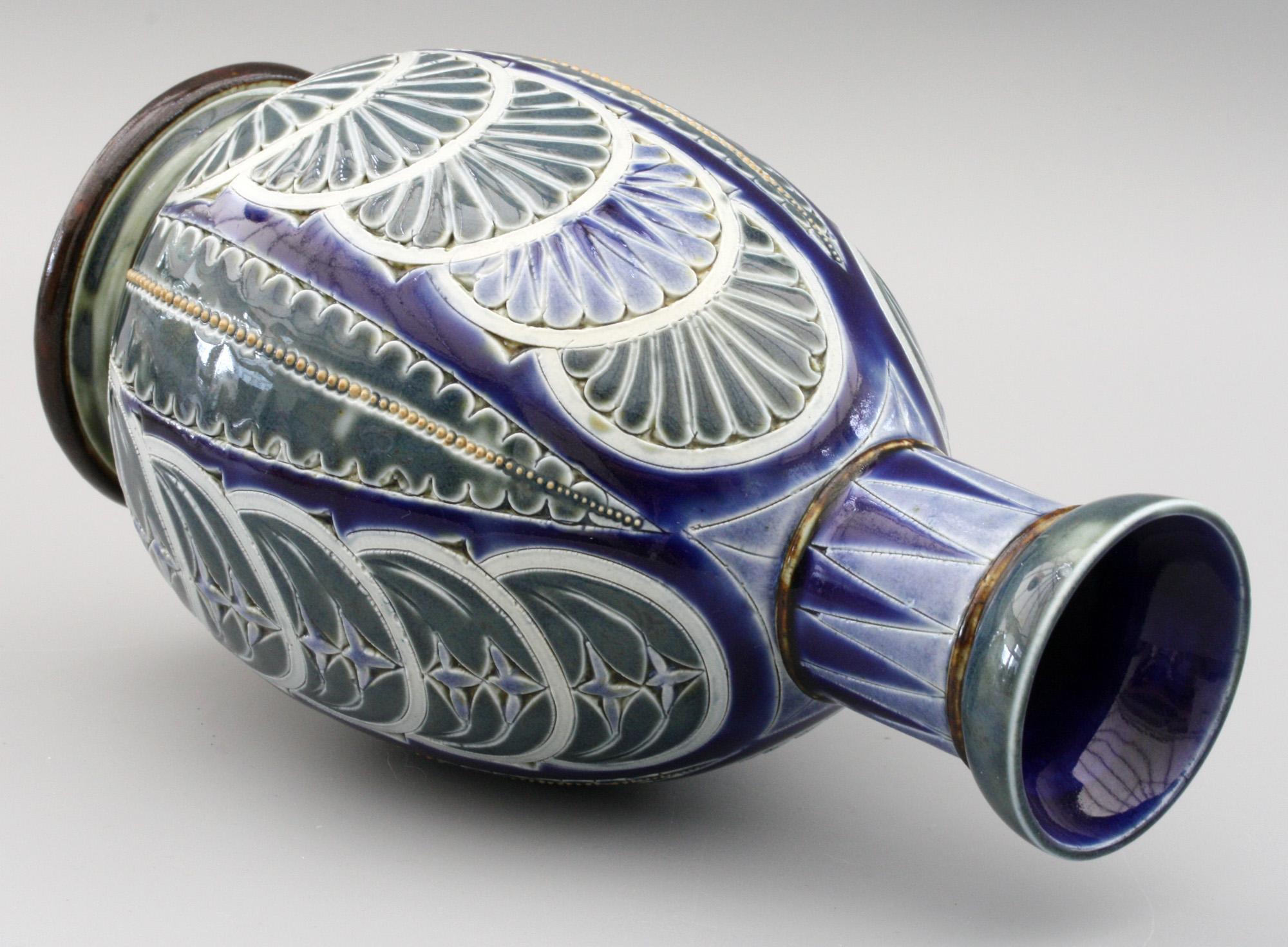 English Florence Barlow for Doulton Lambeth Art Pottery Leaf Design Vase Dated 1878
