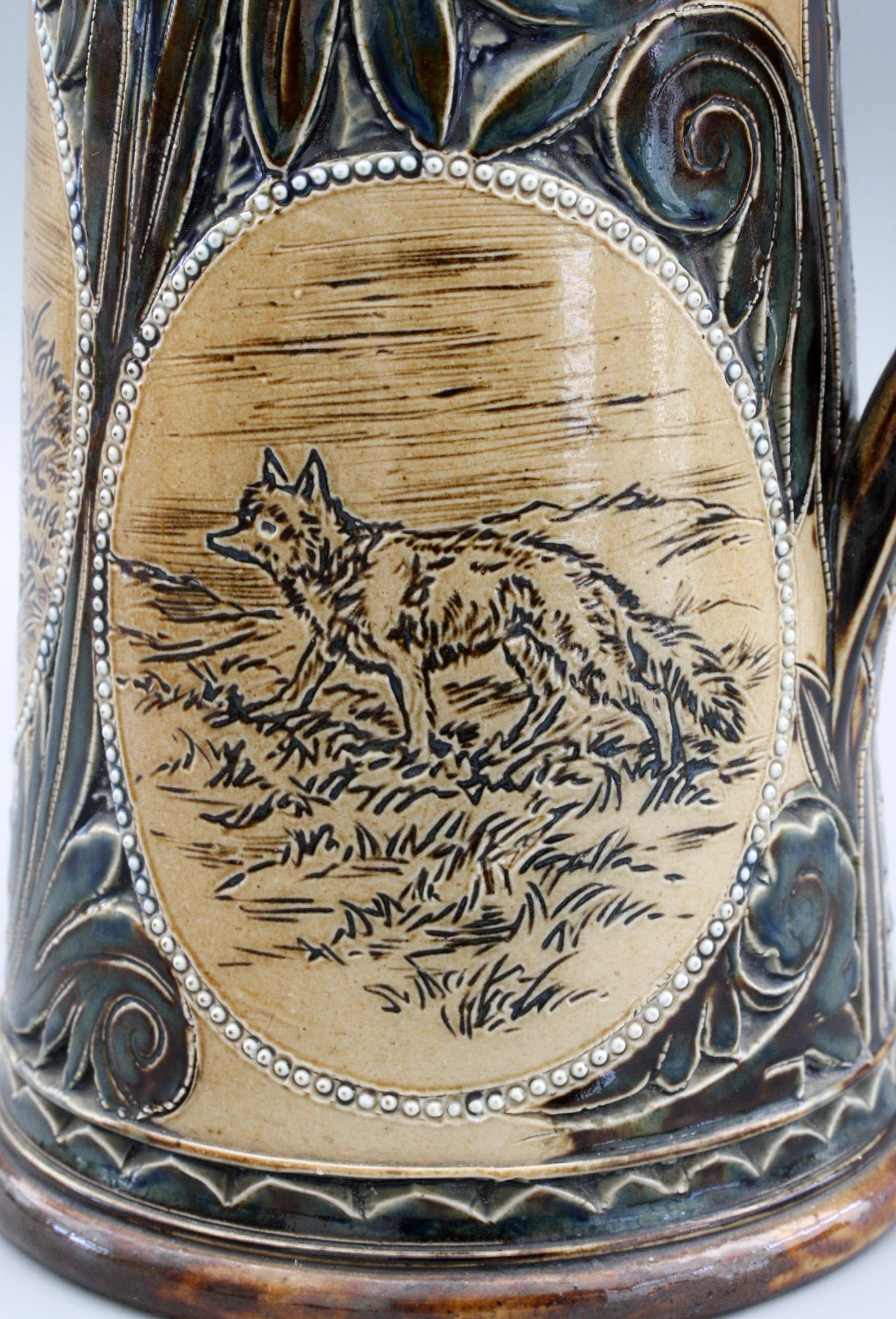 Stoneware Florence Barlow for Doulton Lambeth Rare Jug with Wolves Dated 1876