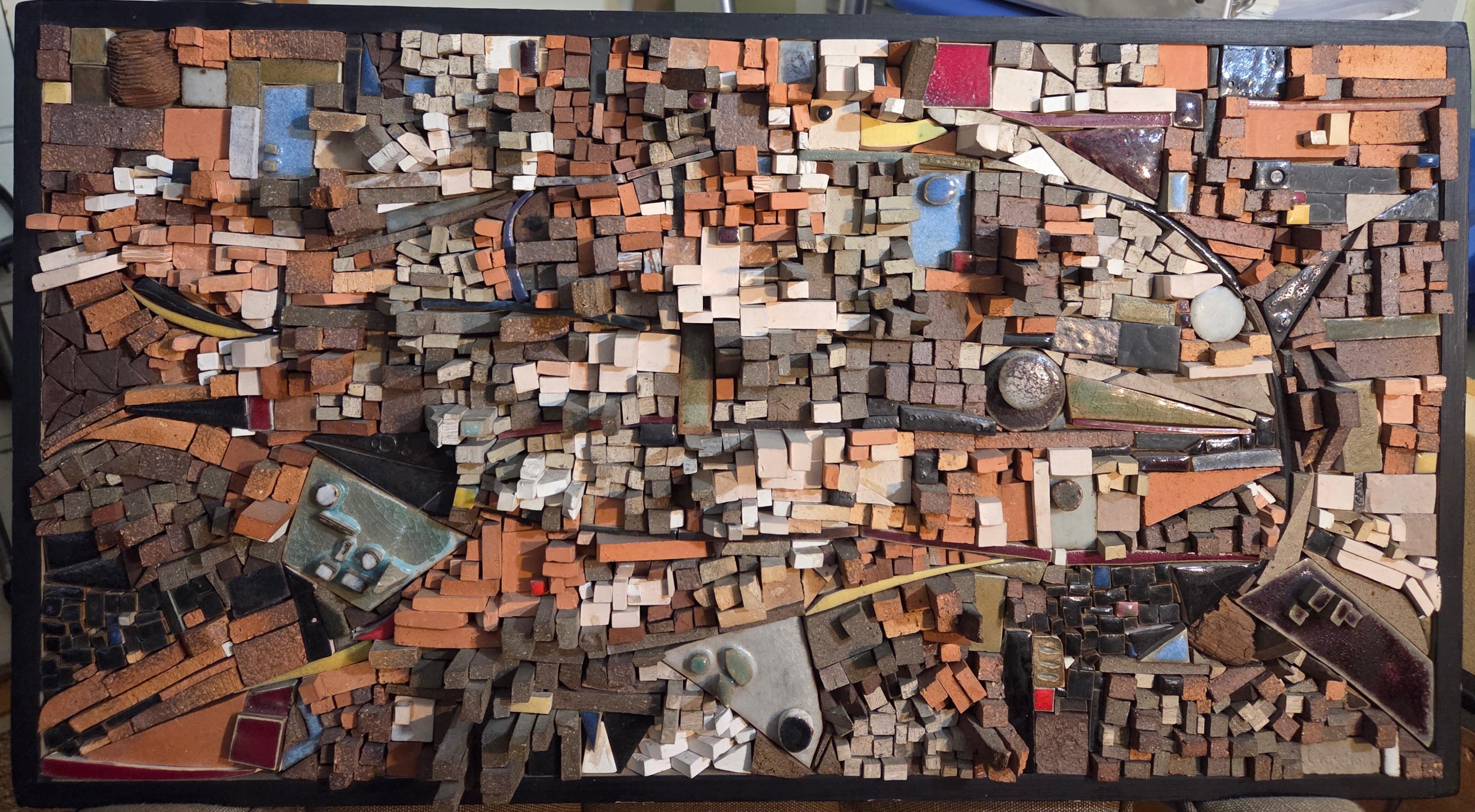 A compelling mid-century ceramic relief by Florence Chernoff, depicting an abstracted aerial overview of Pittsburgh’s iconic Three Rivers confluence. Executed in 1967, the work captures the meeting of the Allegheny, Monongahela, and Ohio Rivers